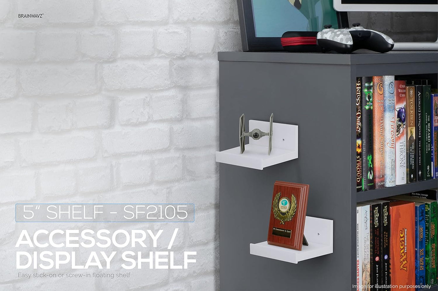5” Small Floating Shelf, Adhesive & Screw In, For Bluetooth Speakers, Cameras, Plants, Toys, Books & More, Easy to Install Shelves, By Brainwavz (SHELF SF2105, White)