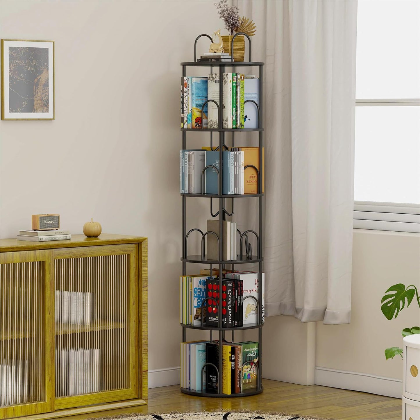 5 Tier Rotating Bookshelf, 360° Spinning Bookshelf Tower, Narrow Corner Book Shelf, Revolving Bookcase Corner Tall Book Shelf for Small Spaces, Bedroom, Living Room, Black