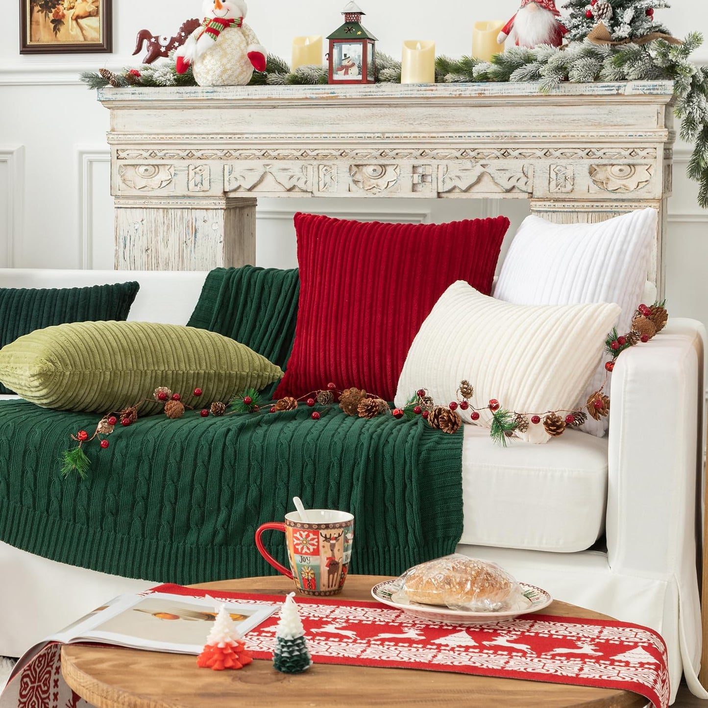 Kevin Textile Set of 2 Oblong Pillow Covers Christmas Plush Striped Corduroy Velvet Rectangular Lumbar Throw Pillow Case 12x20 Cushion Cover for Chair, 30 x 50cm, Creamy White
