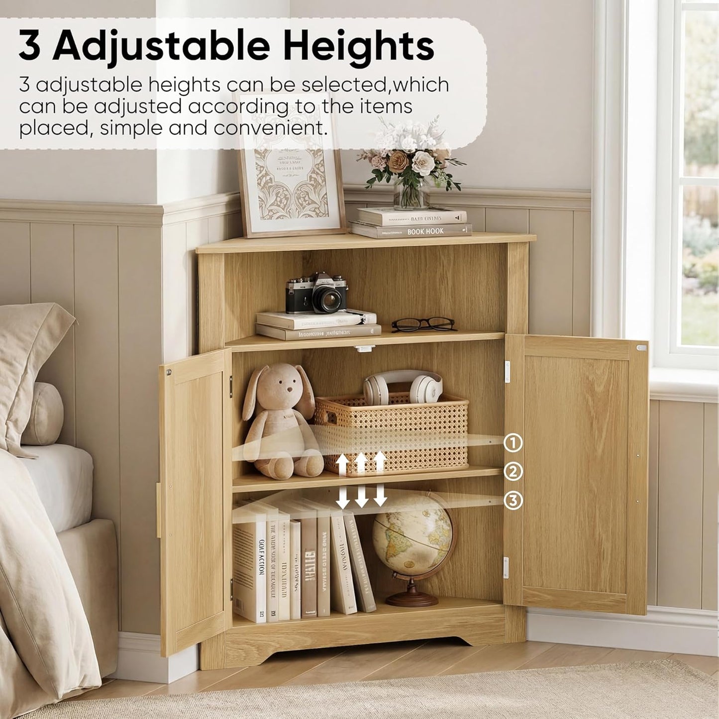 Smuxee Bathroom Corner Cabinet, Floor Corner Storage Cabinet with Fluted Door and Adjustable Shelf, Wooden Narrow Cabinet Organizer for Bathroom, Kitchen, Living Room
