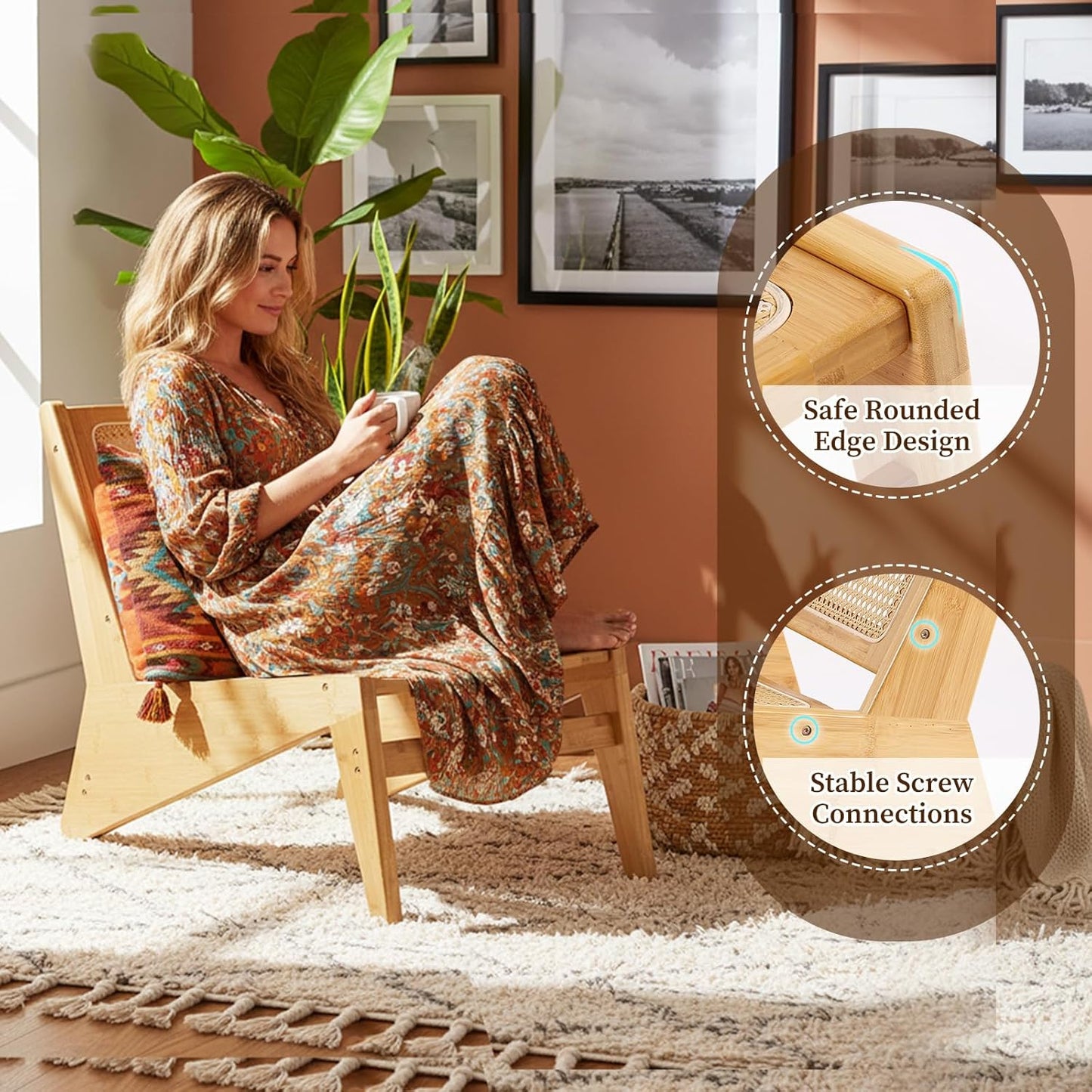 Rattan Chair 2Pcs, Mid Century Modern Accent Chair, Leisurely Reading Chair for Living Room（Wood）