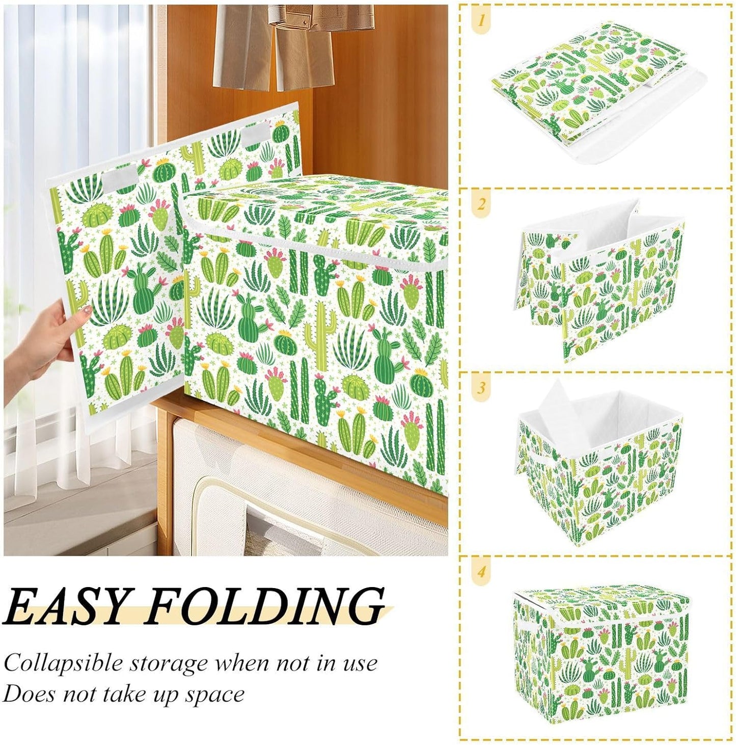 Large Collapsible Storage Bins with Lids, Green Cacti Storage Baskets Organizer Containers with Handles for Clothes