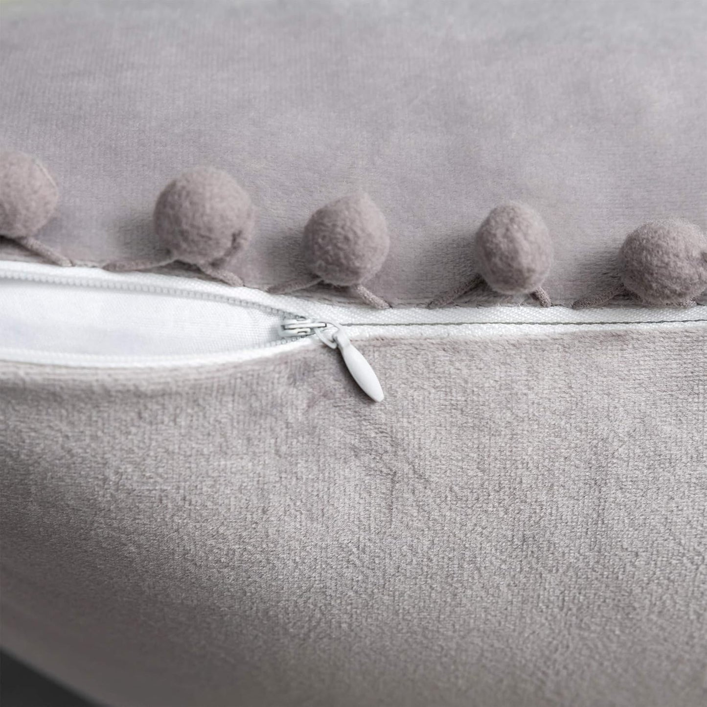 Grey Throw Pillow Covers 12 X 20 Decorative Pom-poms Soft Velvet Solid Lumbar Cushion Covers for Sofa Couch Bedroom Car, Pack of 2