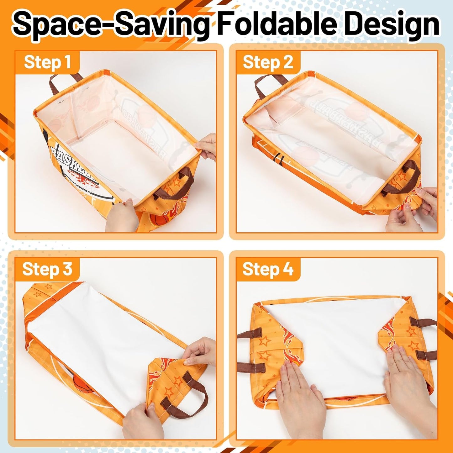 Basketball Storage Basket Bin - 4Pcs Balck Orange Large Fabric Organizer Toy Storage Bins with Handle Waterproof Collapsible Basket Closet Shelf Cloth Container for Nursery Boys Bedroom Home