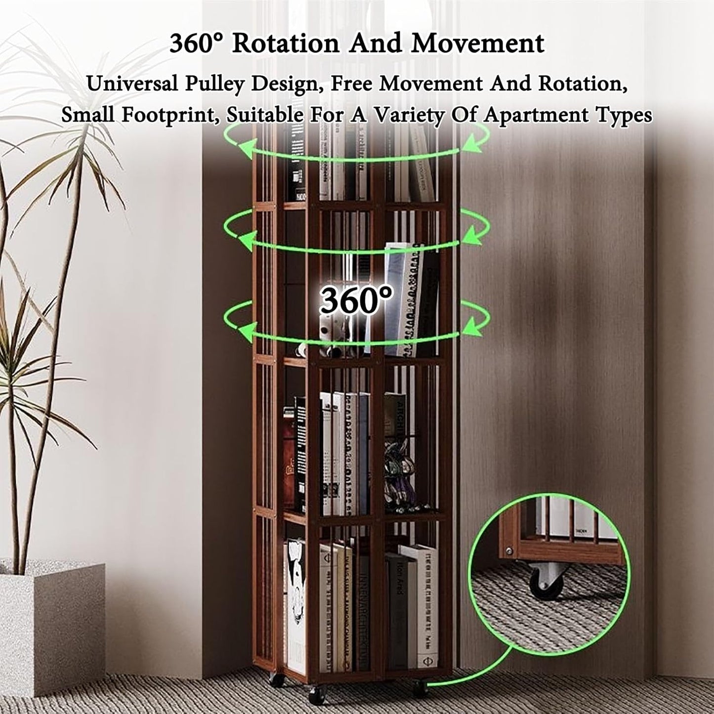 Bamboo Rotating Bookshelf With Wheels 360 Display MDF Spinning Bookshelf Tower 5 Tier Floor Standing Bookcase Storage Rack Revolving Bookcase Corner Bookshelf For Small Space Bedroom Study Room(Origin