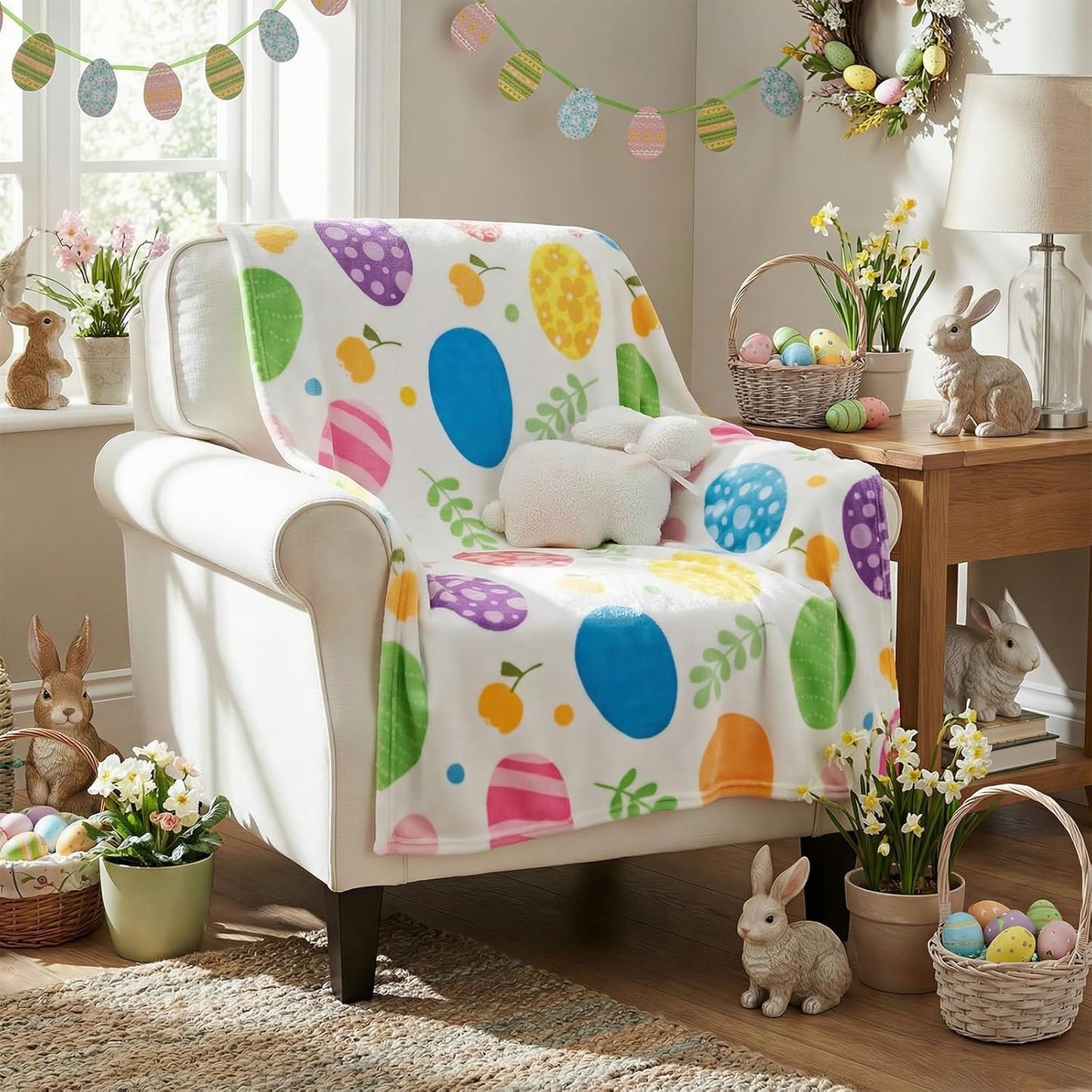 2 Pcs Easter Plush Throw Blanket and Pillow Set, 40 x 50 Inch Soft Easter Eggs Flannel Blanket Fluffy Bunny Stuffed Pillow Cushion Gifts for Boys Girls Teens Bedroom Decor