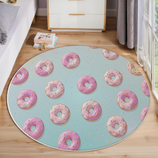 Round Rug for Kids Room, Cute Sugar Granules Donuts Round Rugs 5.25Ft, Fun Poster Circle Rug, Light Blue Washable Circle Carpet for Living Room Bedroom, Non Slip Low Pile Thin Area Rugs