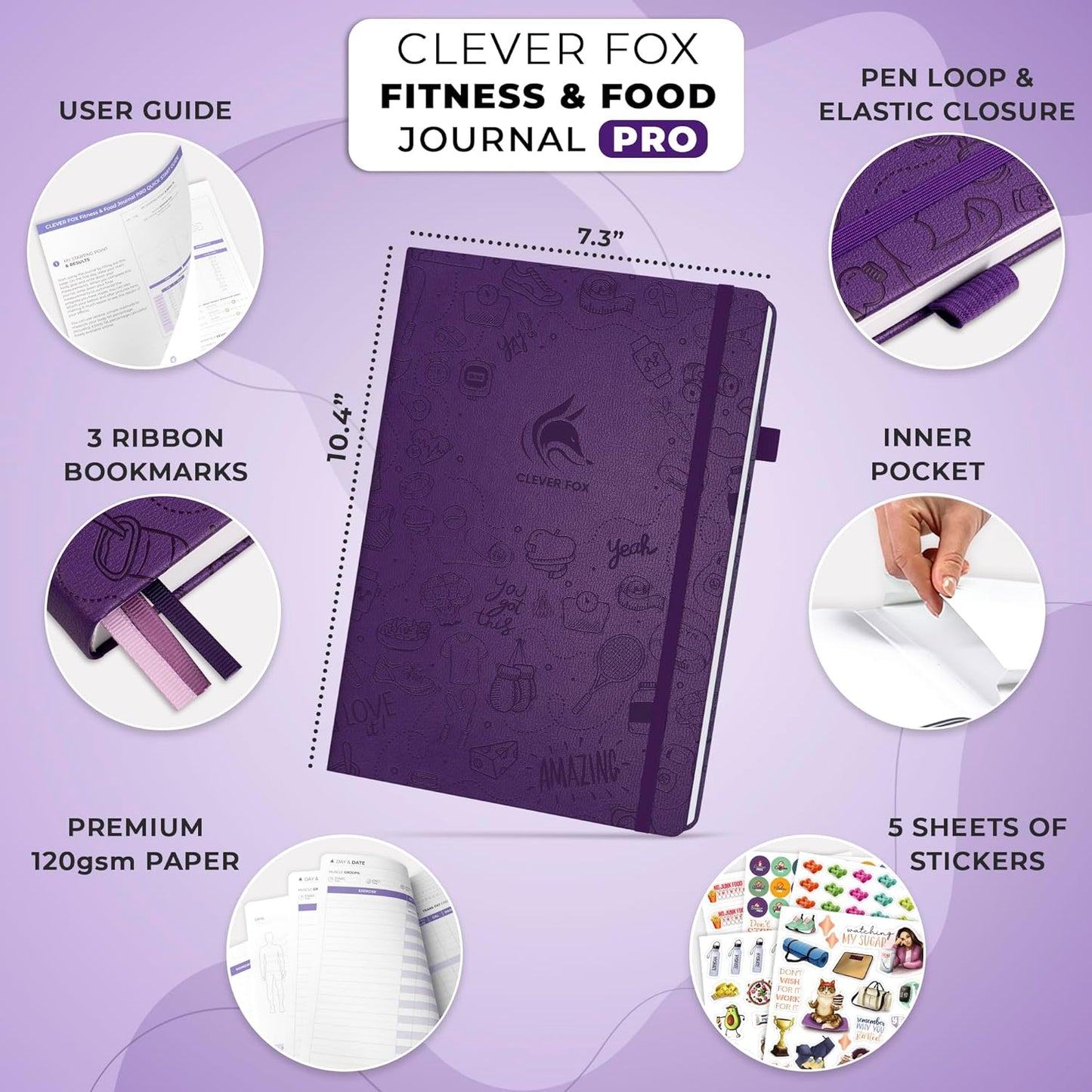 Clever Fox Fitness & Food Journal PRO – Daily Workout & Meal Planner for Women & Men – Exercise & Weight Loss Diary Notebook, 7.3x10.4” (Purple)