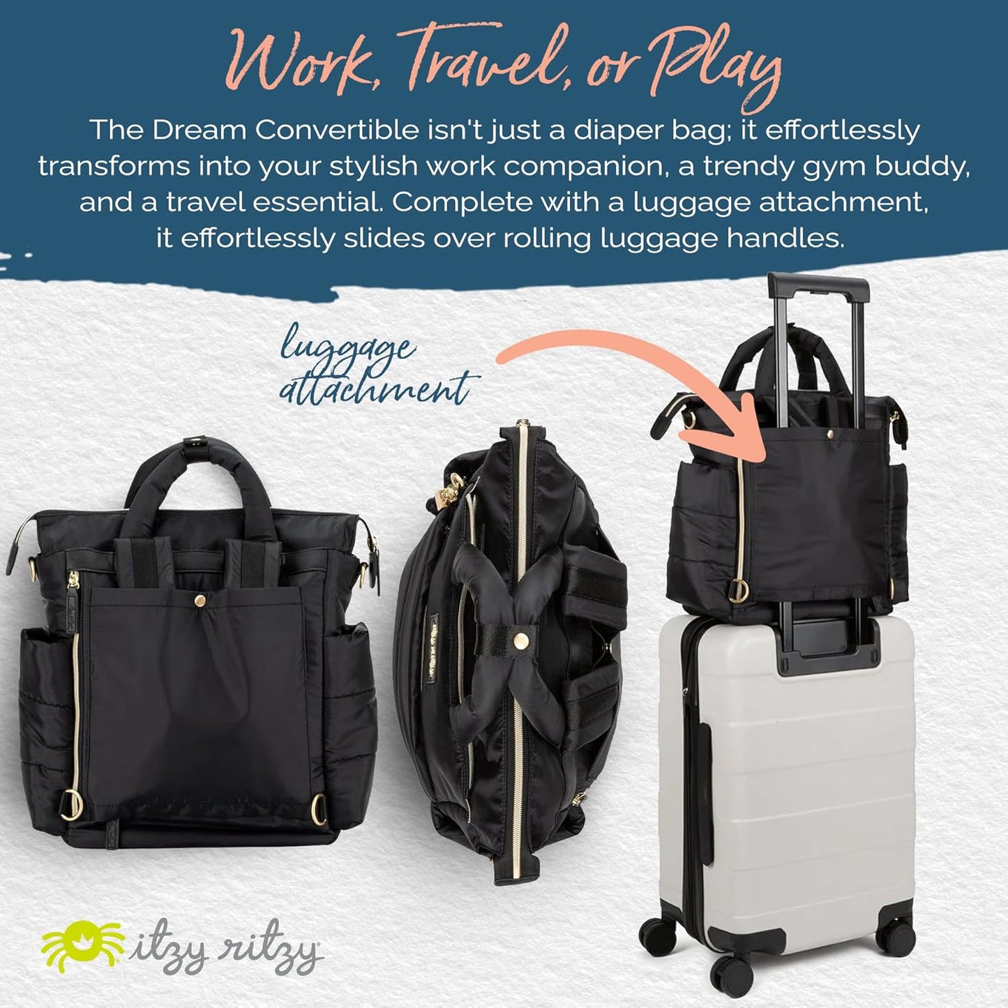 Itzy Ritzy Dream Convertible Diaper Bag Tote Backpack - Baby Diaper Bag with 14 Pockets, Changing Pad & More (Midnight Black)