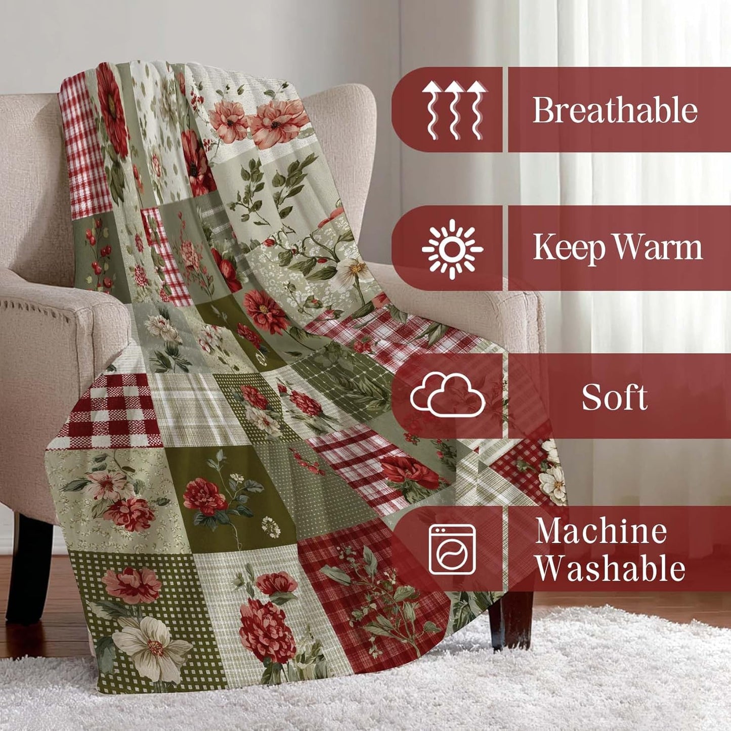 MASLEK Floral Patchwork Throw Blanket Vintage Farmhouse Flower Plaid Blanket Rustic Cottagecore Botanical Cozy Flannel Blanket for Couch Sofa Bed Home Decor, 50x60 Inch