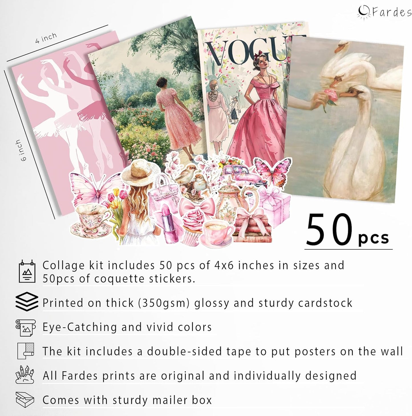 Fardes Coquette Room Decor Prints, 50pcs Cute Pictures for Pink Wall Decor, Coquette Wall Art, Poster Pack with Stickers for Teen Girls' Bedroom Decor