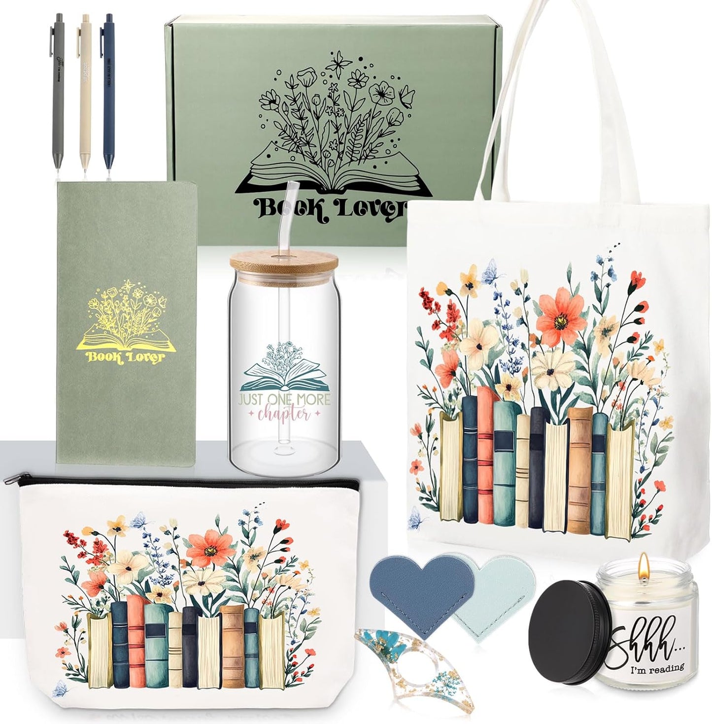 Marspark 12 Pcs Book Lovers Gift Set for Women Include Canvas Tote Glass Cup Makeup Pouch Floral Soy Candle Heart Bookmarks Page Holder Pens Sticky Notes Book Club Gift for Readers Librarians