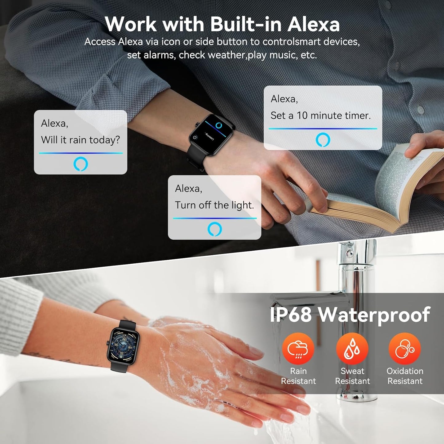 Smart Watch for Men Women with Alexa Built-in, 1.83" HD Full Touch, Bluetooth Calling, 24/7 Heart Rate Sleep Monitor, 100+ Sport Modes, IP68 Waterproof, Compatible with iOS Android (Black)