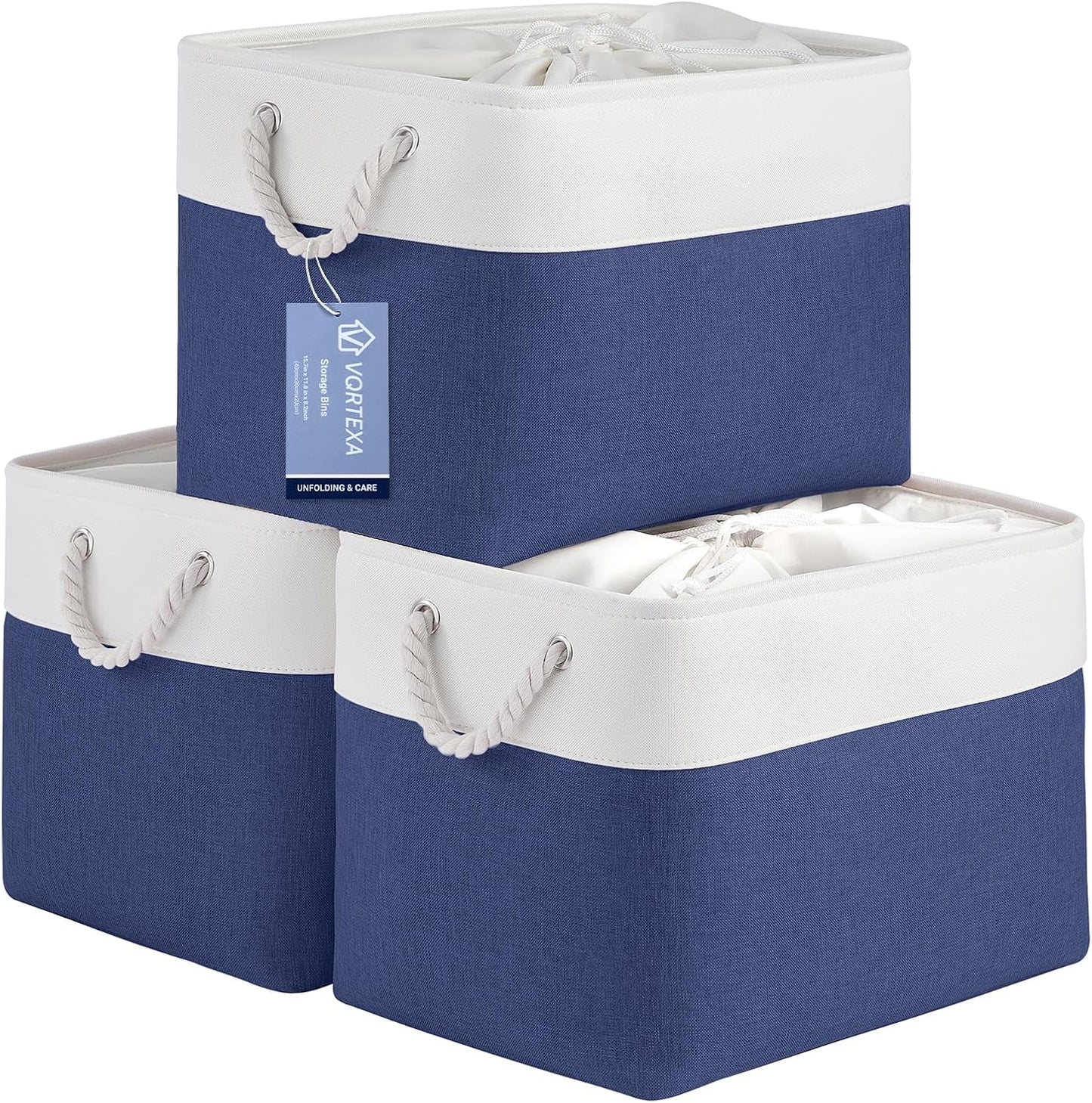 Large Storage Baskets- 16x12x12 inch Storage Bins for Shelves and Closet Organizing, Foldable Fabric Bin for Home Organization Clothes and Laundry (3-Pack, White&Blue)