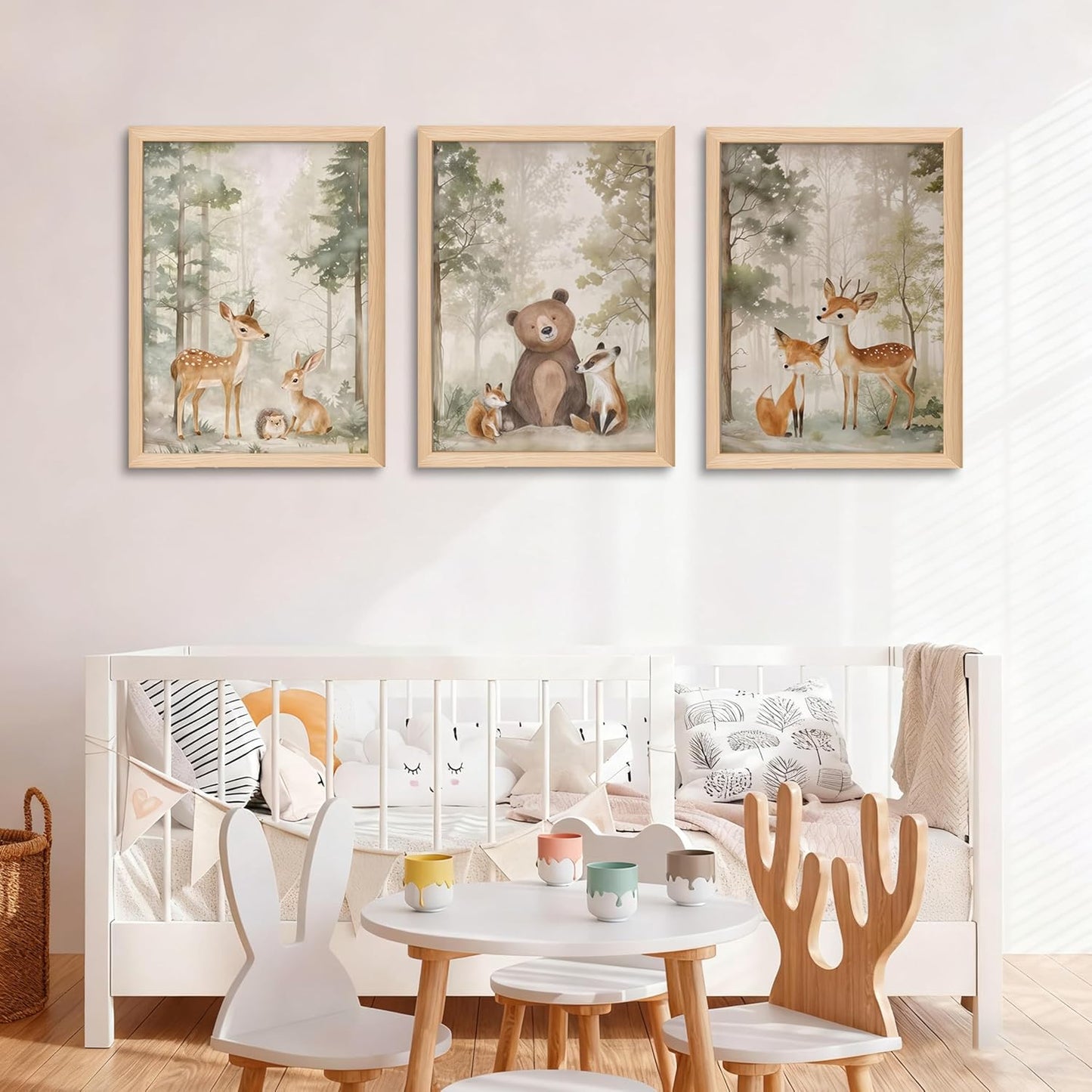 Framed Woodland Wall Art Set of 3, Wild Animals Nursery Wall Decor, Cute Bear Fox Deer Watercolor Canvas, Forest Animal Pictures Print for Baby Room Decor Home Decoration – 12X16 inch