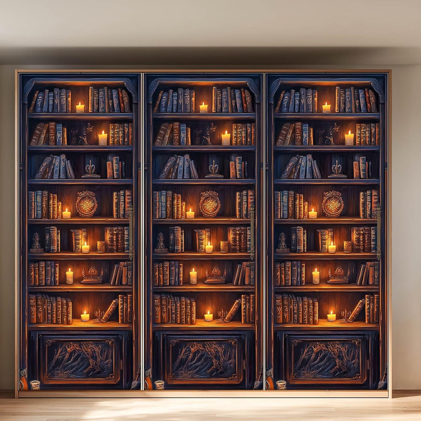 Dark Wood Bookshelf Door Sticker Vintage Library Bookcase Mural Self Adhesive PVC Removable Door Decal for Home Office Bedroom Decoration 30.3 x 78.7 in