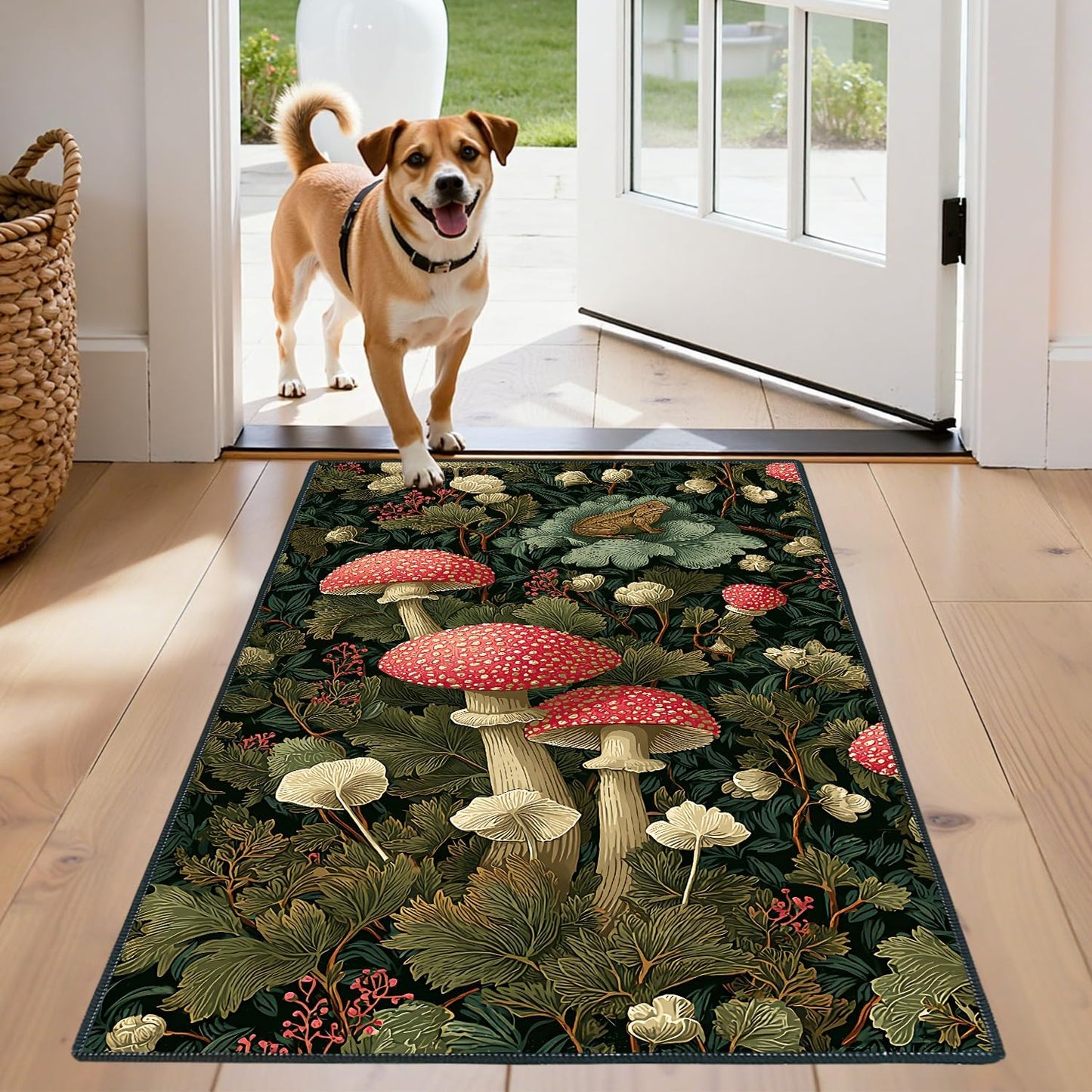 Washable 2x3 Entry Rug Vintage Botanical Mushroom Area Rug, Non Slip Low Pile Indoor Door Mat, Woodland Floral Decorative Rug for Entryway, Kitchen, Bedroom, Green Nature Design