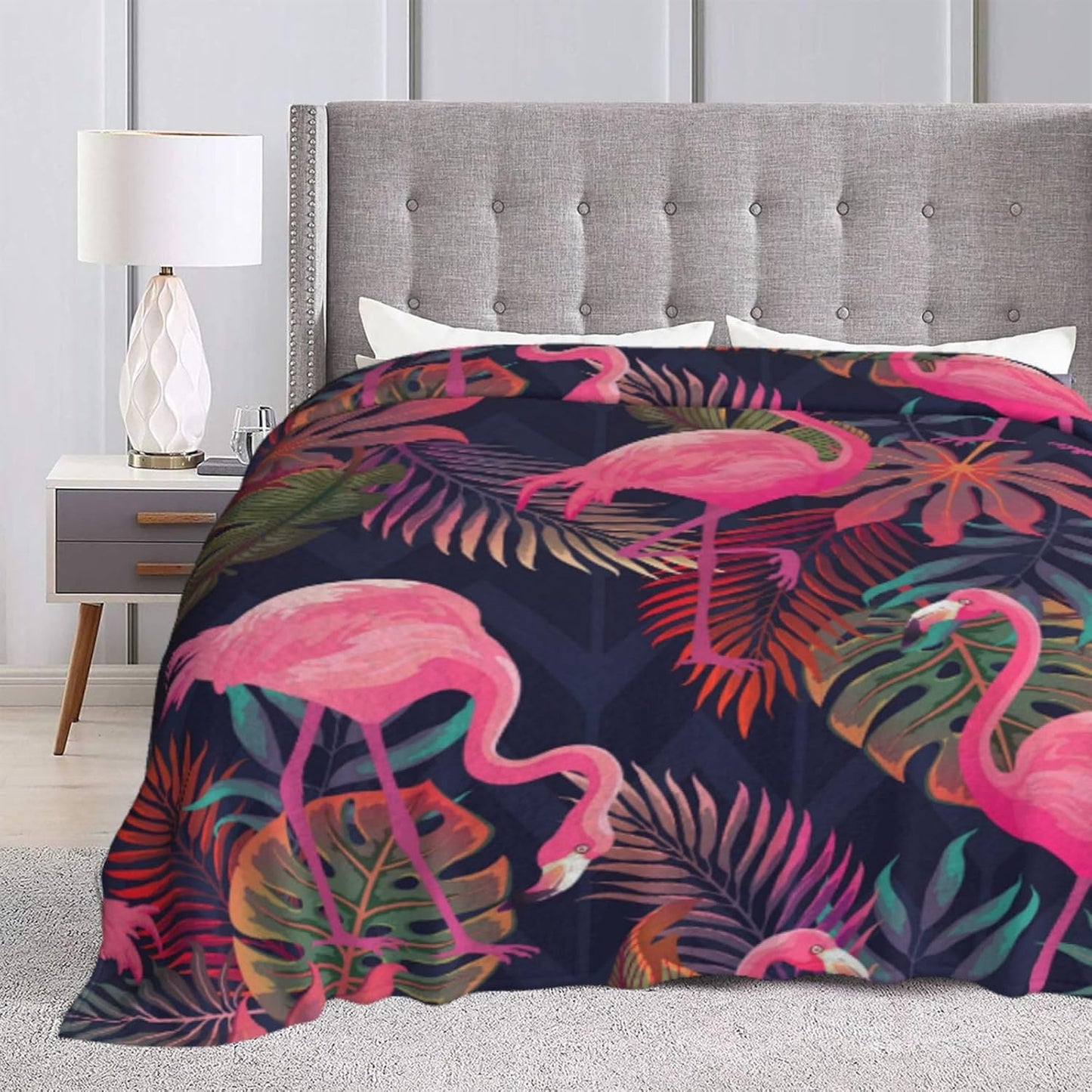 Perinsto Tropical Flamingos Palm Leaves Throw Blanket Ultra Soft Warm All Season Decorative Fleece Blankets for Bed Chair Car Sofa Couch Bedroom 80"X60"