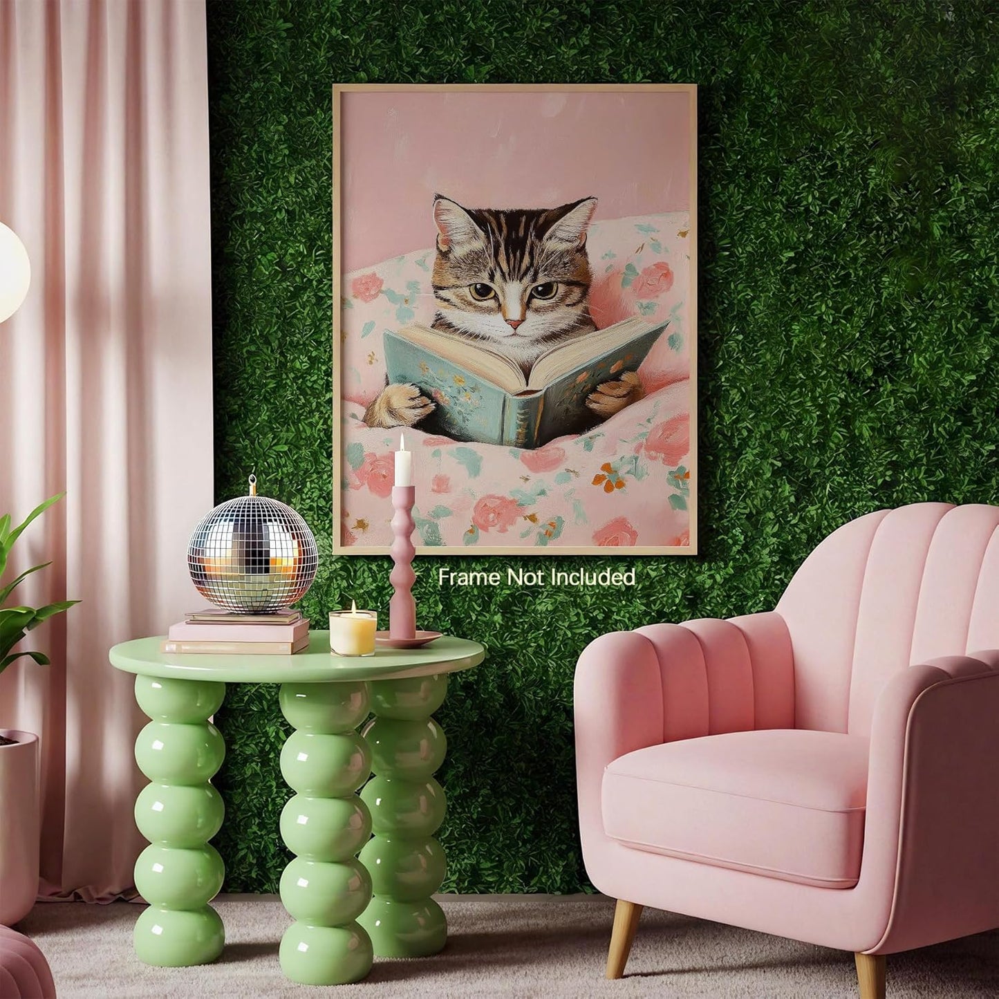 Funny Tabby Cat Reading Books Canvas Wall Art Pink Girly Room Posters Cute Animal Kids Prints Vintage Cat Lovers Wall Decor For Teen Bedroom Dorm Living Study Room 12x16in Unframed