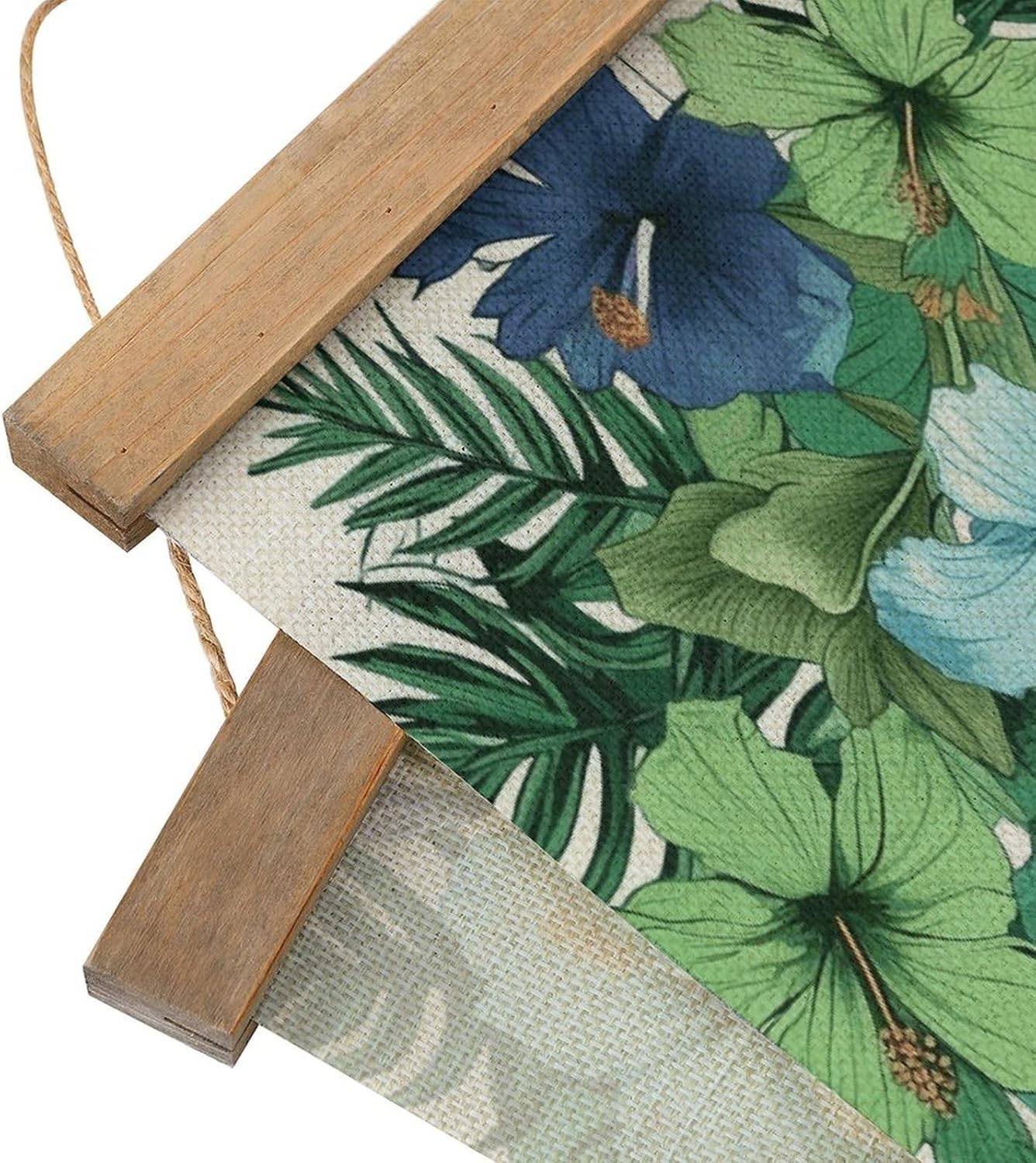 Vintage Green And Blue Hibiscus Flowers Poster with Wooden Frame Personalized Linen Hanging Scroll Painting Rustic Wall Hanging Illustrative Modern Artwork Decor for Home Living Room Bedroom Office