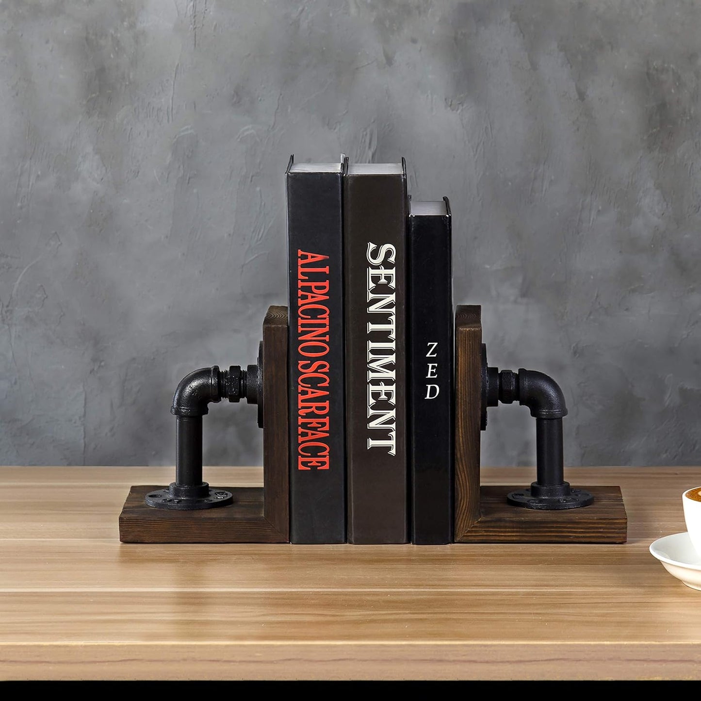 MyGift Book Ends Decorative, Bookends for Shelves, Metal Bookends for Heavy Books, Office Decor for Men, Wood Book Stopper, Realistic Industrial Pipe Design, Dark Brown