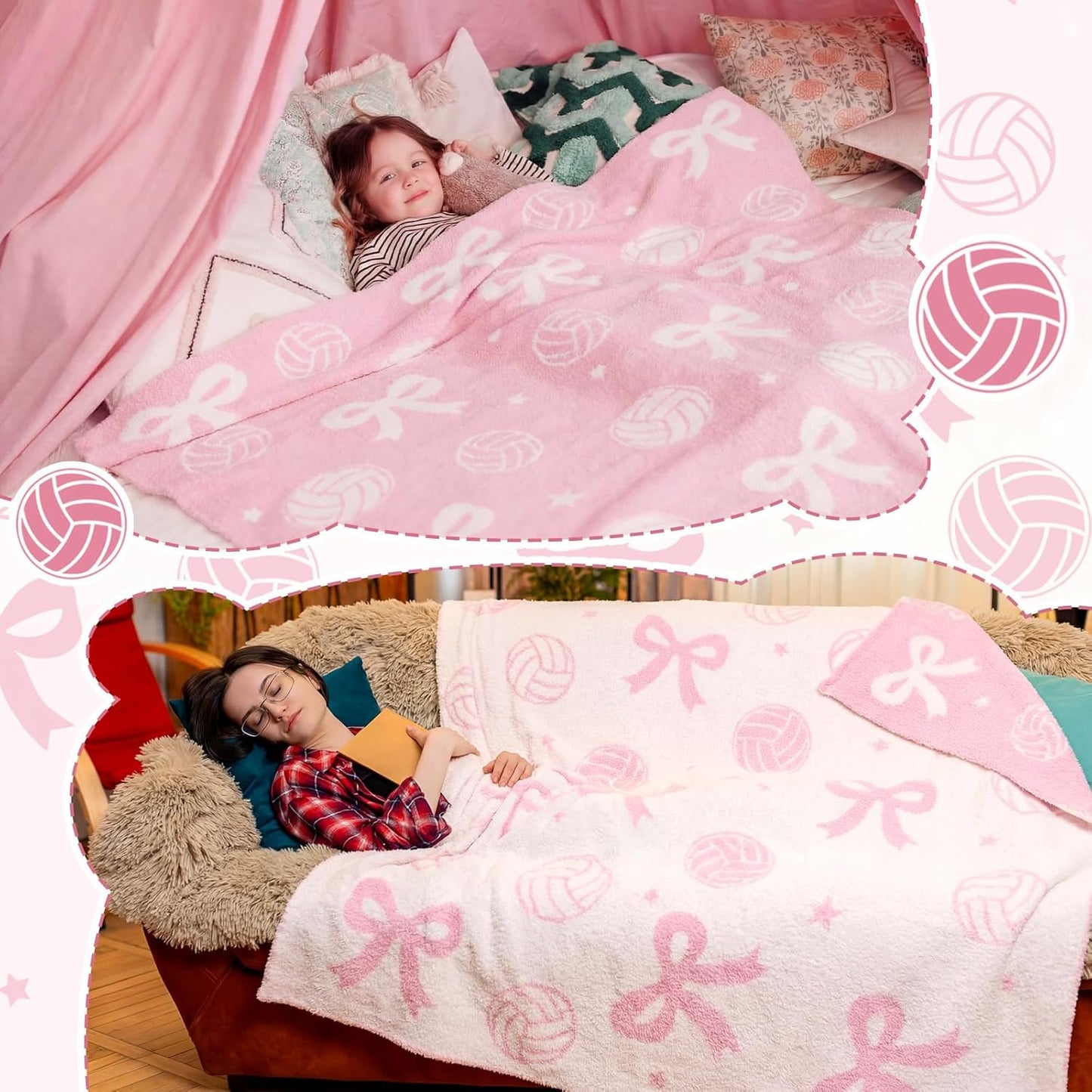 Volleyball Bow Blanket for Teen Girls Reversible Coquettish Bow Sport Cute Soft Flannel Throw Blanket 50 x 60 in Washable Aesthetic Fuzzy Fleece Throw for Couch Sofa Bed Decor Gift