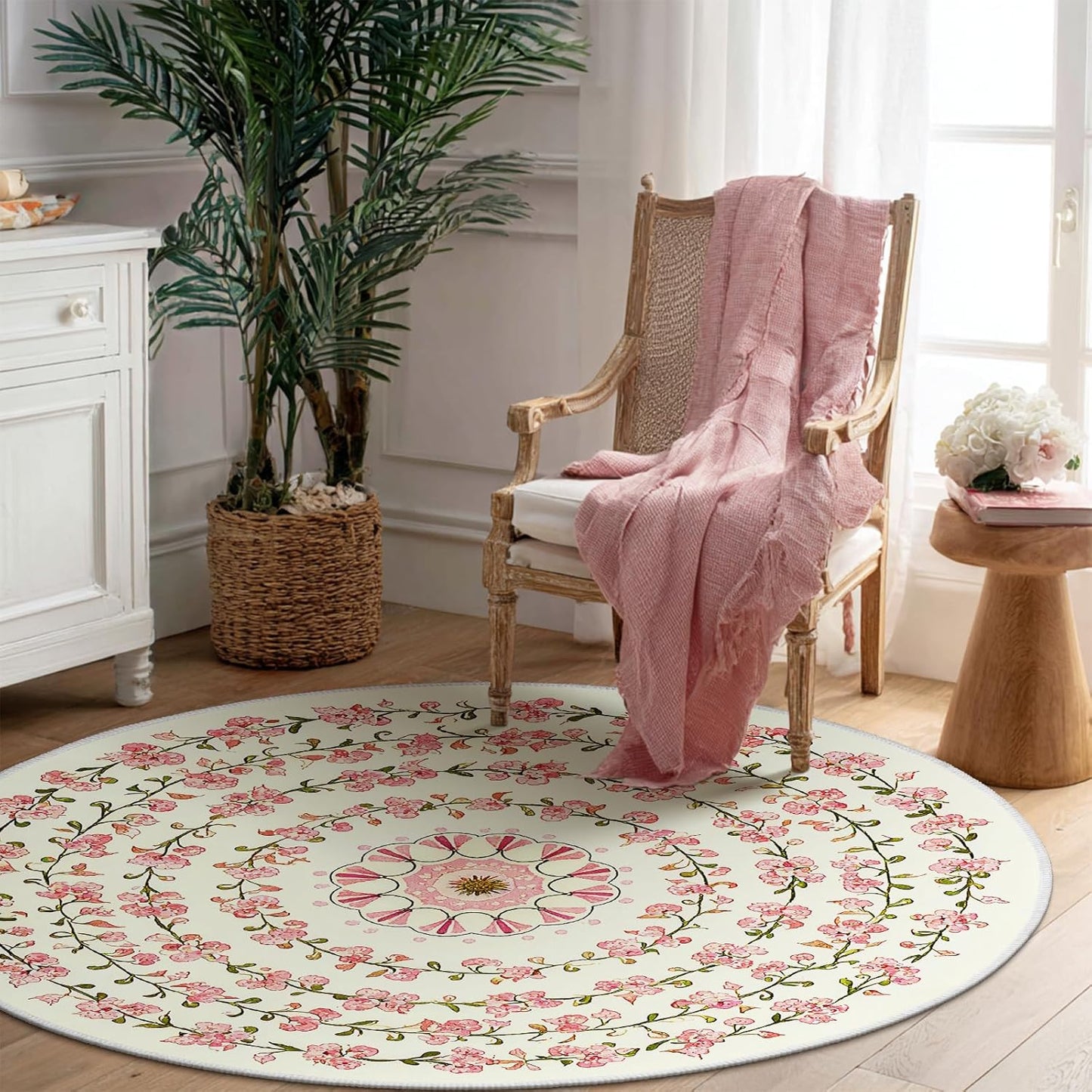 4ft Round Boho Floral Area Rug - Washable Vintage Botanical Circle Rug, Non-Slip Low-Pile Distressed Medallion Carpet for Nursery, Bedroom, Reading Nook, and Entryway (Cream/Pink)