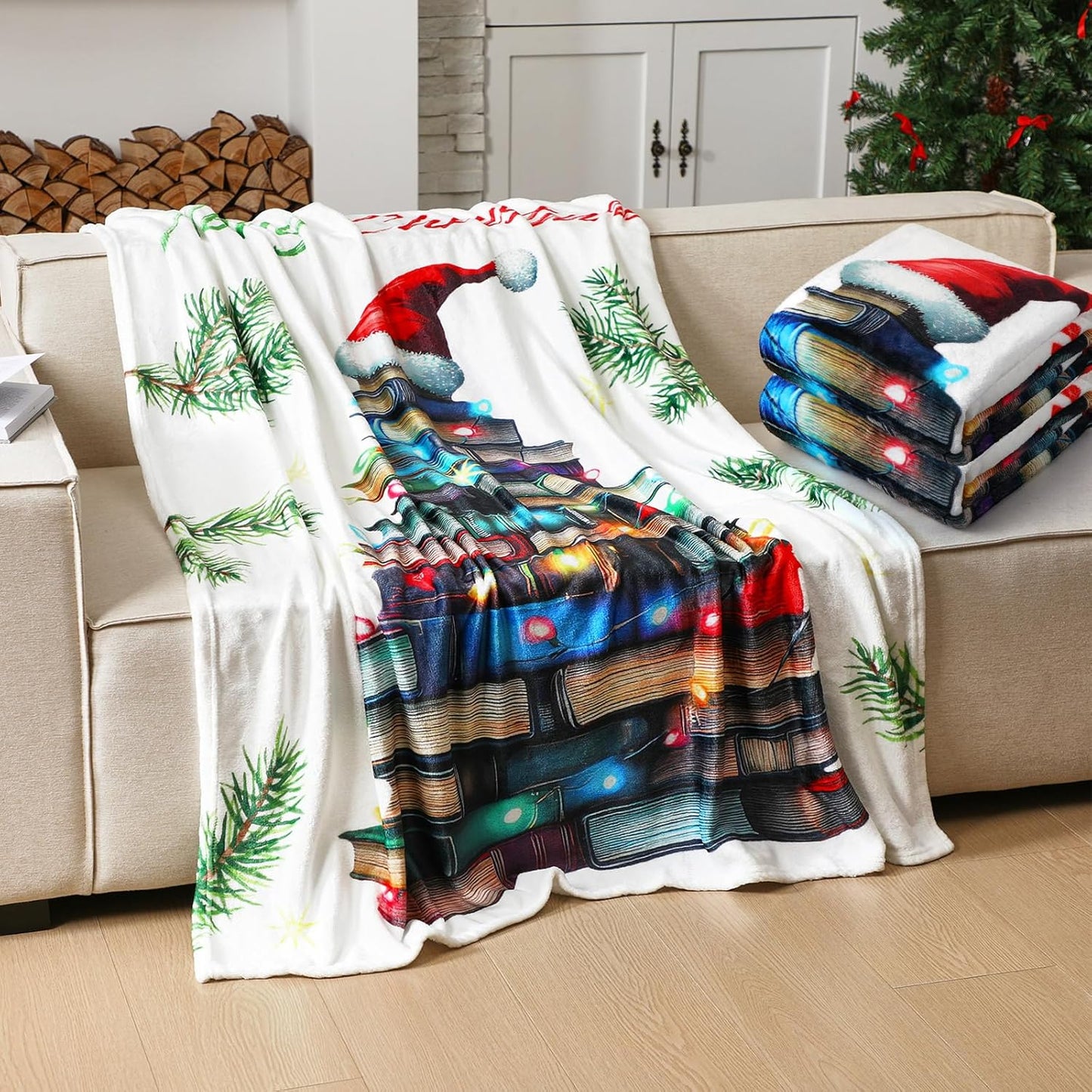 Lounsweer 2 Pcs Christmas Book Lovers Gifts 60" x 50" Reading Throw Blanket for Women Book Tree Flannel Blanket Xmas Winter Party Presents for Men Readers Bookworm Librarian Birthday Graduation