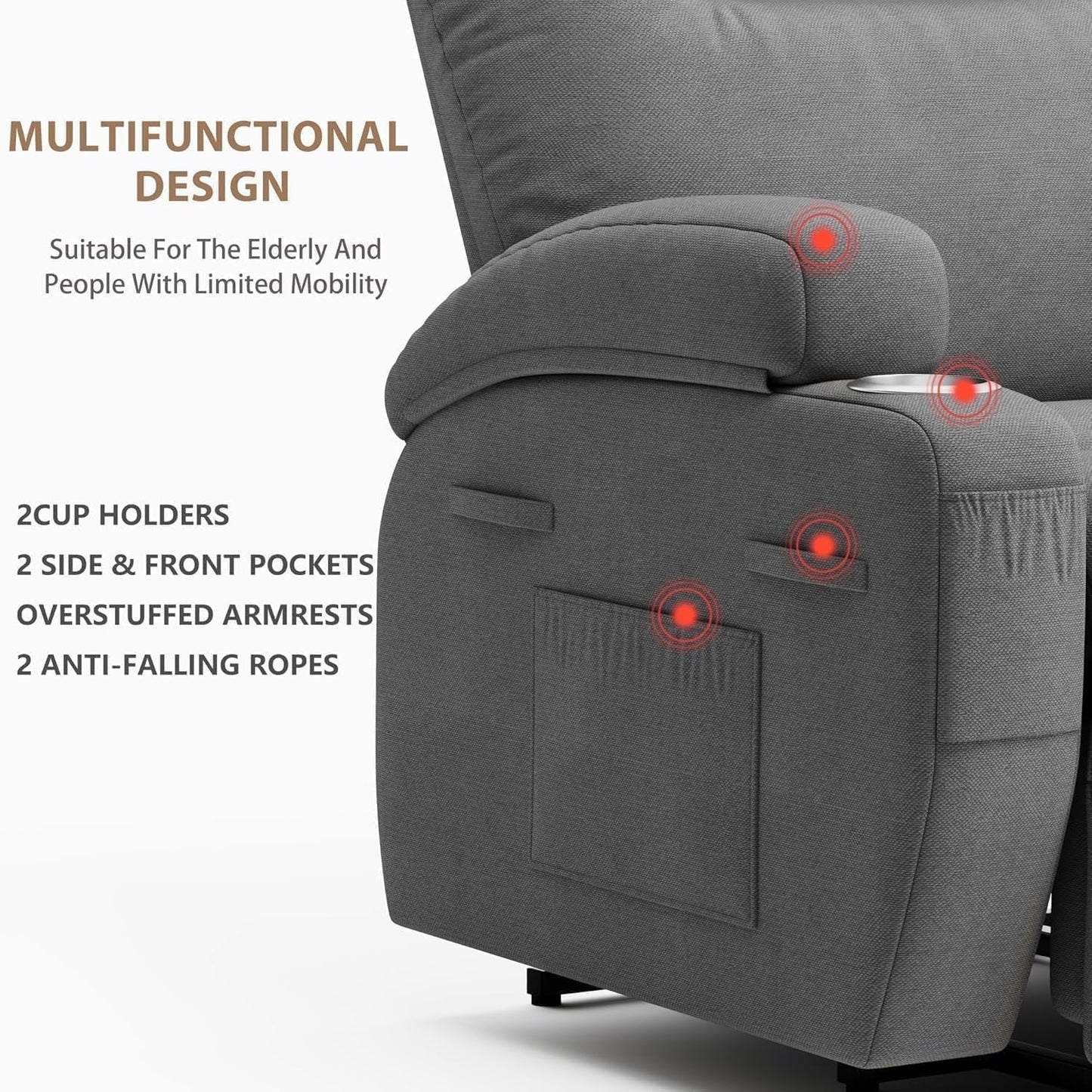 Elderly Ergonomic Power Lift Chair with Cup Holders Side Pockets Remote Control Massage Recliner Chairs for Living Room Bedroom Home Furniture