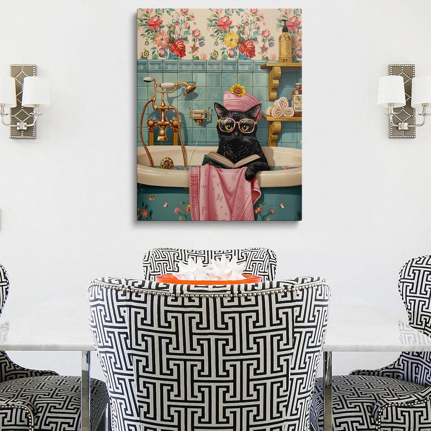 Whimsical Cat in Bathtub Canvas Wall Art Framed Painting Vintage Bathroom Scene with Glasses Bath Cap Wall Decor Artwork Print Poster Funny Cute Cozy for Bathroom Office Decor 16x24 Inches