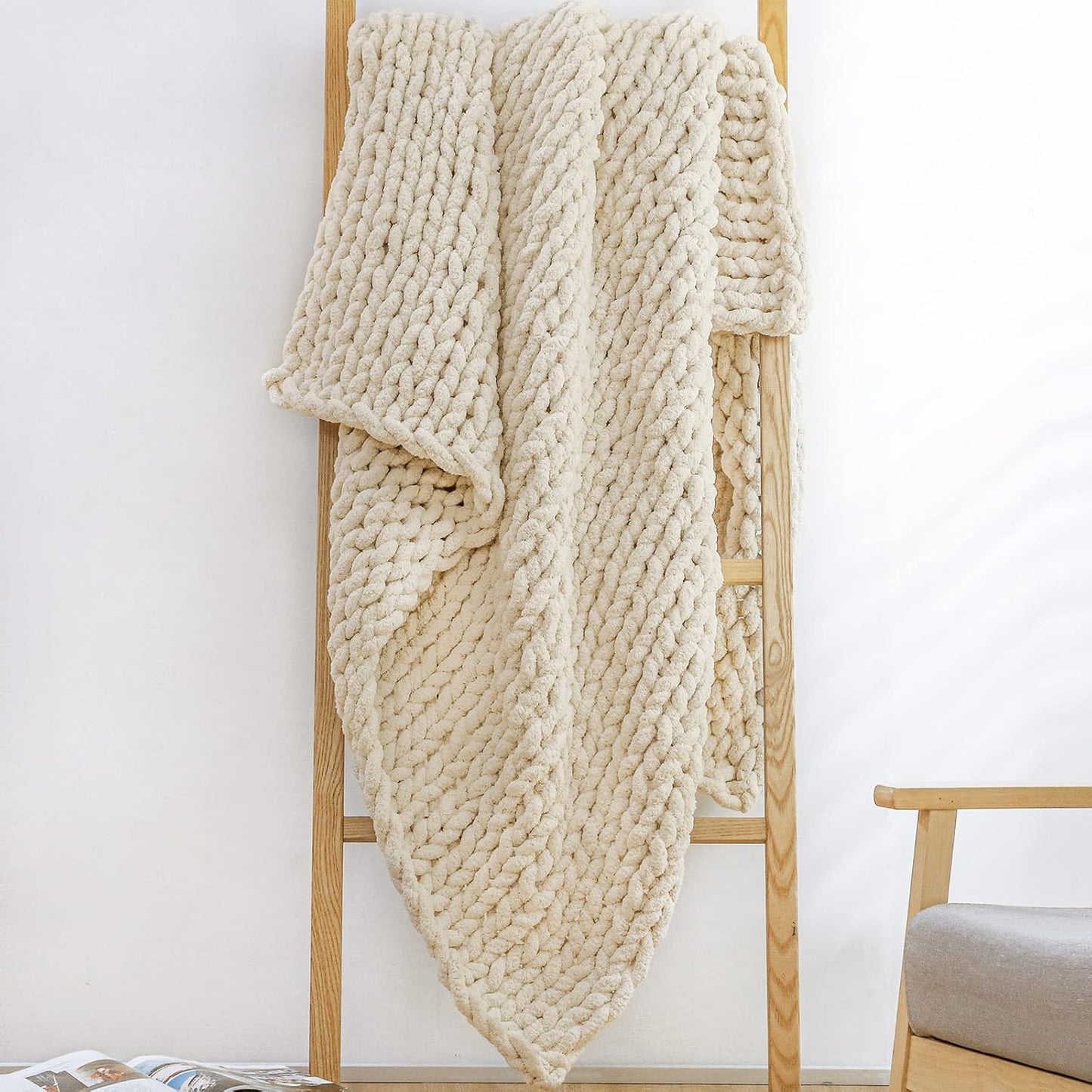 YAAPSU Chunky Knit Throw Blanket for Couch, 51"x63", 100% Hand Knitted Thick Cable Knit with Cozy Jumbo Chenille Yarn, Soft Large Rope Knot Crochet Blankets for Sofa Bed Living Room Décor, Beige