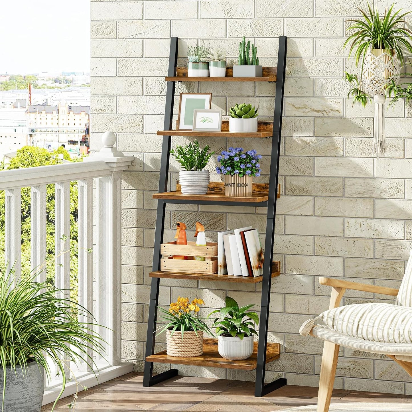 HOOBRO 5-Tier Bookcase, Narrow Ladder Shelf, Small Bookshelf, Corner Storage Shelf, Small Display Organizer for Living Room, Study, Balcony, Bedroom, Rustic Brown and Black BF150CJ01