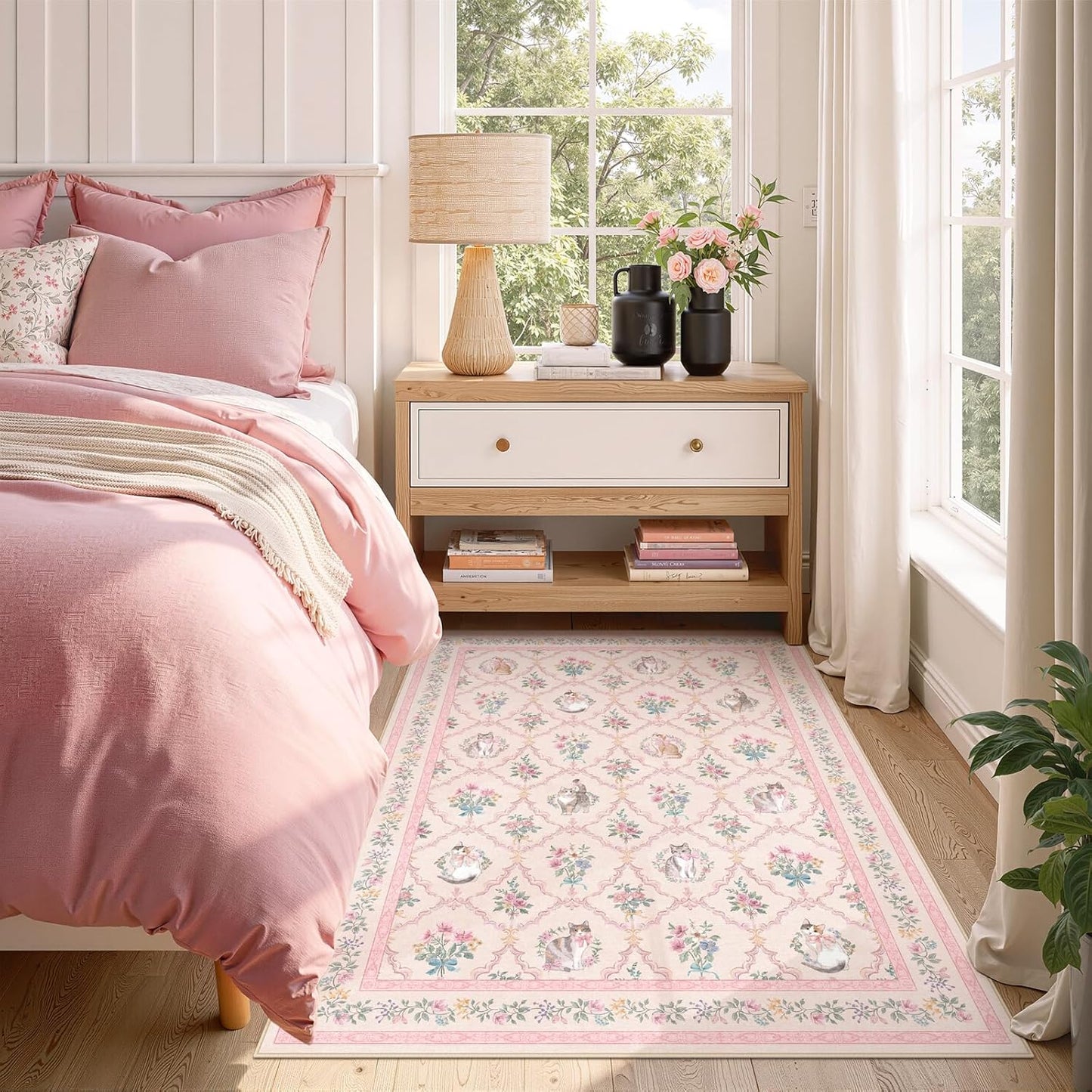 3x5 Pink Floral Cat Rug for Girls Bedroom, Washable Non Slip Small Area Rug for Nursery, Reading Nook, Kids Room, Soft Low Pile Vintage Carpet