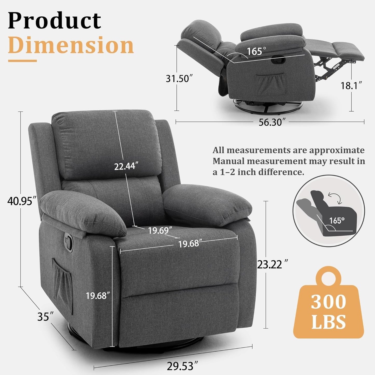 Grey Swivel Rocker Recliner for Adults Small Spaces Recliner Chair Small Rocking Recliner Upholstered Fabric Glider Recliner Nursery Swivel Rocker Chair