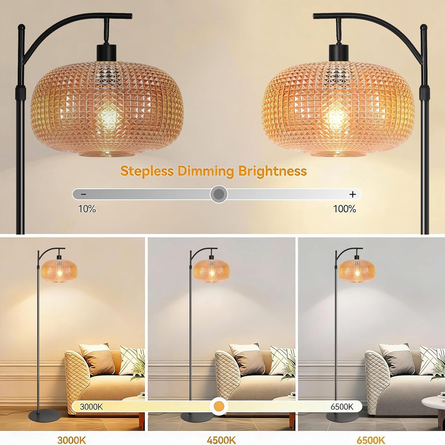 Modern Floor Lamps for Living Room, Dimmable Tall Standing Lamp with Amber Shade & Remote Control, Glass Floor Lamps for Bedroom Office Corner, 1 x 12W LED Bulb Included