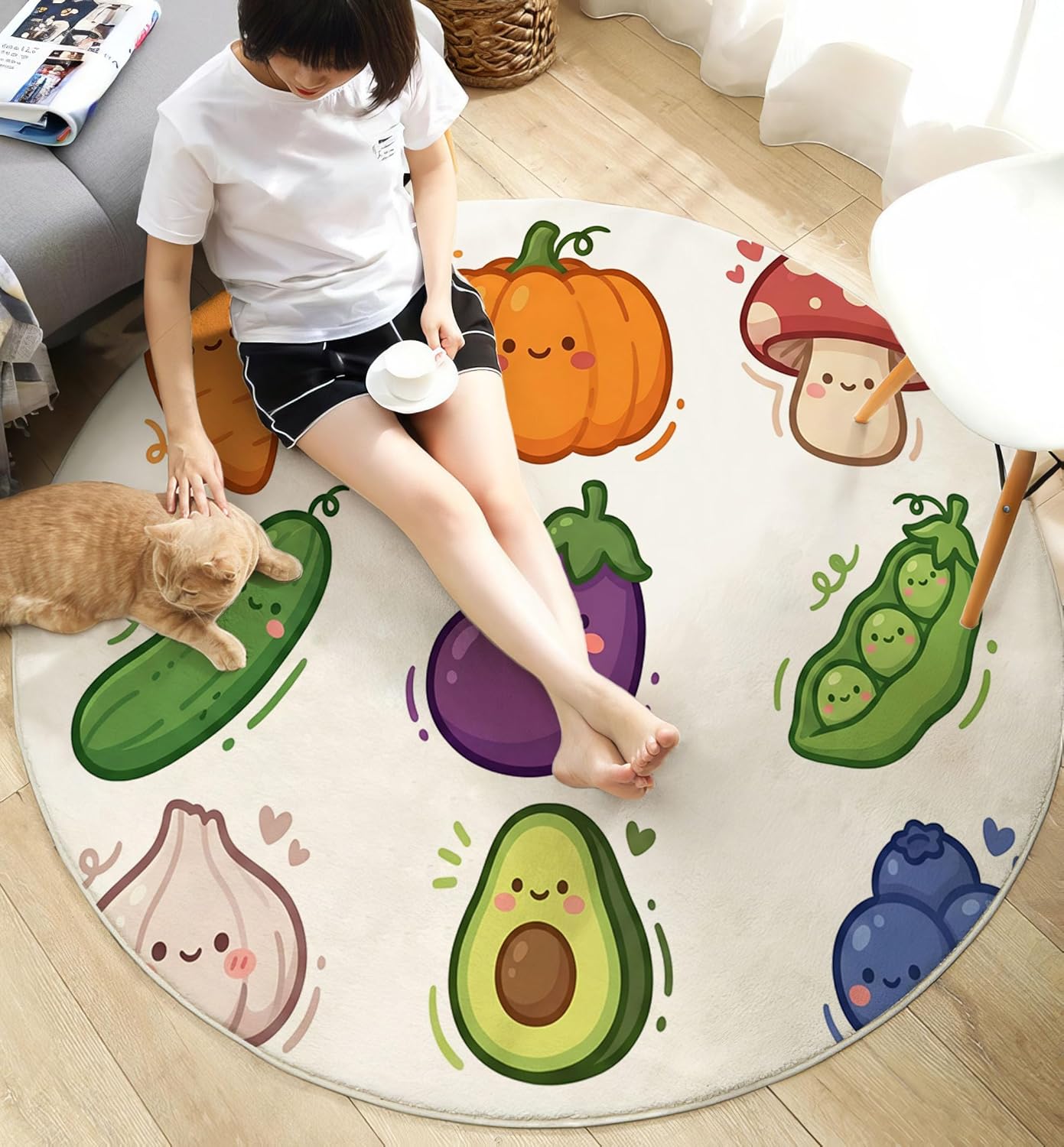 5Ft Round Washable Rug - Large Area Rug for Living Room Dining Room, Beige Soft Bedroom Carpet with Cute Smiley Face Vegetables Pattern, Cartoon Plants Décor, Low Pile Stain Resistant