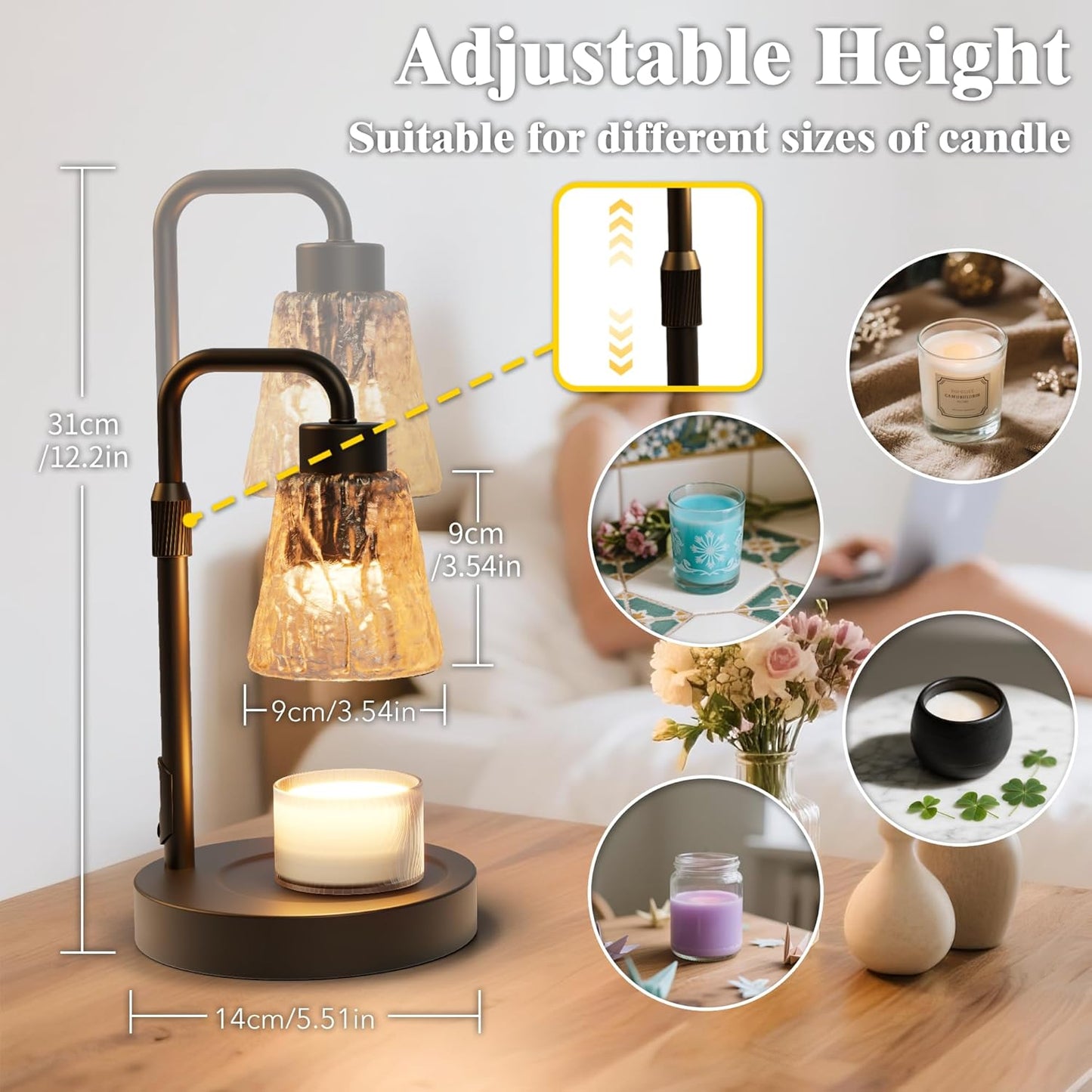 Black Candle Warmer Lamp with Timer, Dimmable Adjustable Candle Warmer for Jar Candles, Height Adjustable Modern Wax Melts Warmer, Birthday Gifts for Women Mom, Home Living Bedroom Farmhouse Decor