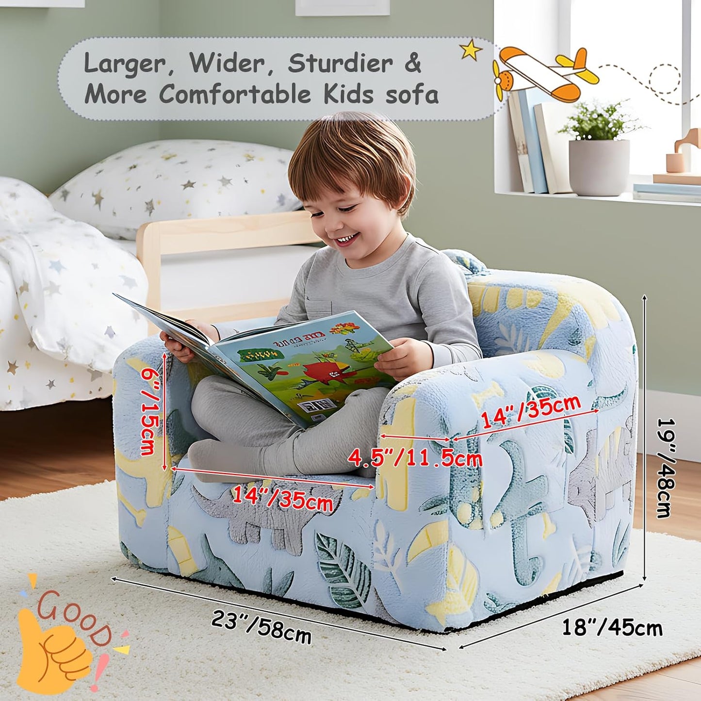 Tiita Kids Sofa, Childrens Couch with Carry Handle, Portable Toddler Foam Sofa Couch, Glow in The Dark Nursery Kids Couch, Lightweight Kids Chair for Playroom, Dorm Room, Small Space, Grey Dinosaur