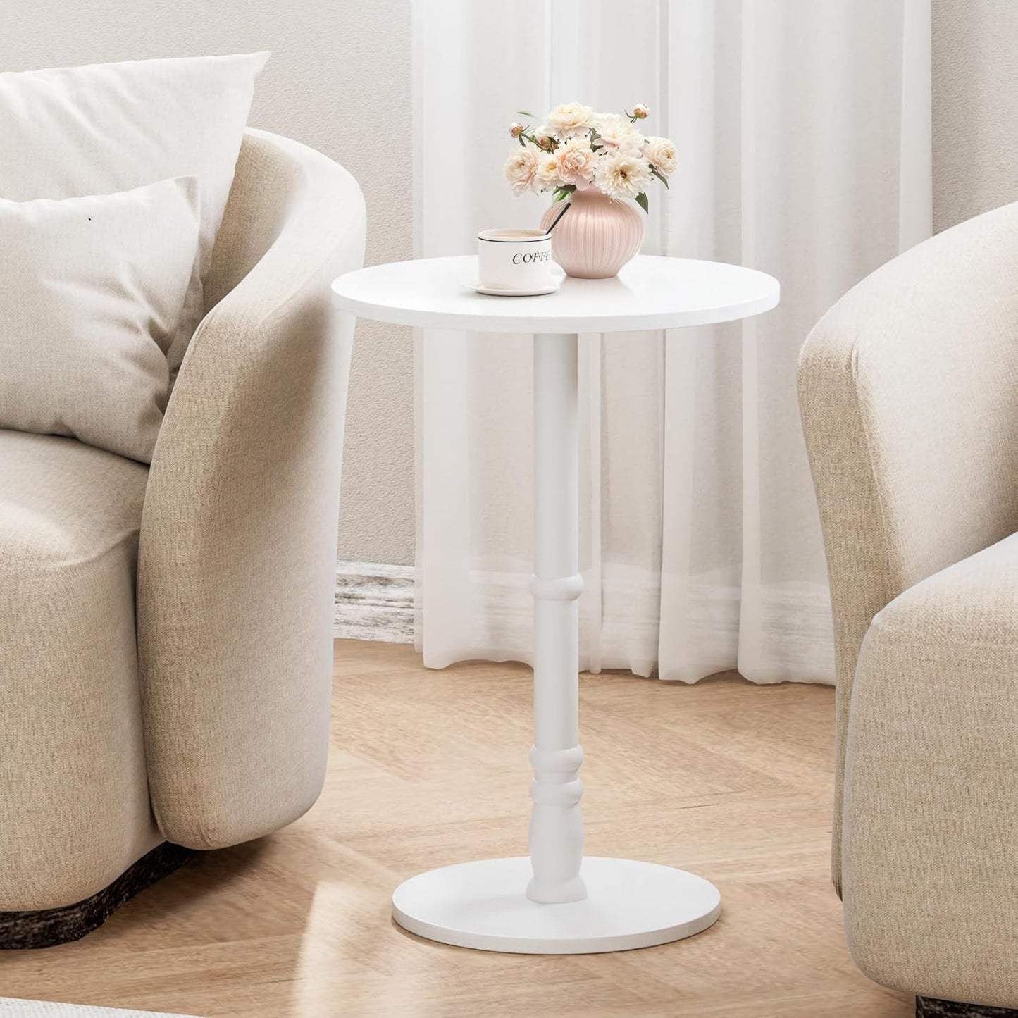 16" Round Side Tables Set of 2, Solid Wood Pillar with Wood Top & Base, Small Drink Accent Table for Living Room, Bedroom, Sofa & Office, Easy Assembly, White
