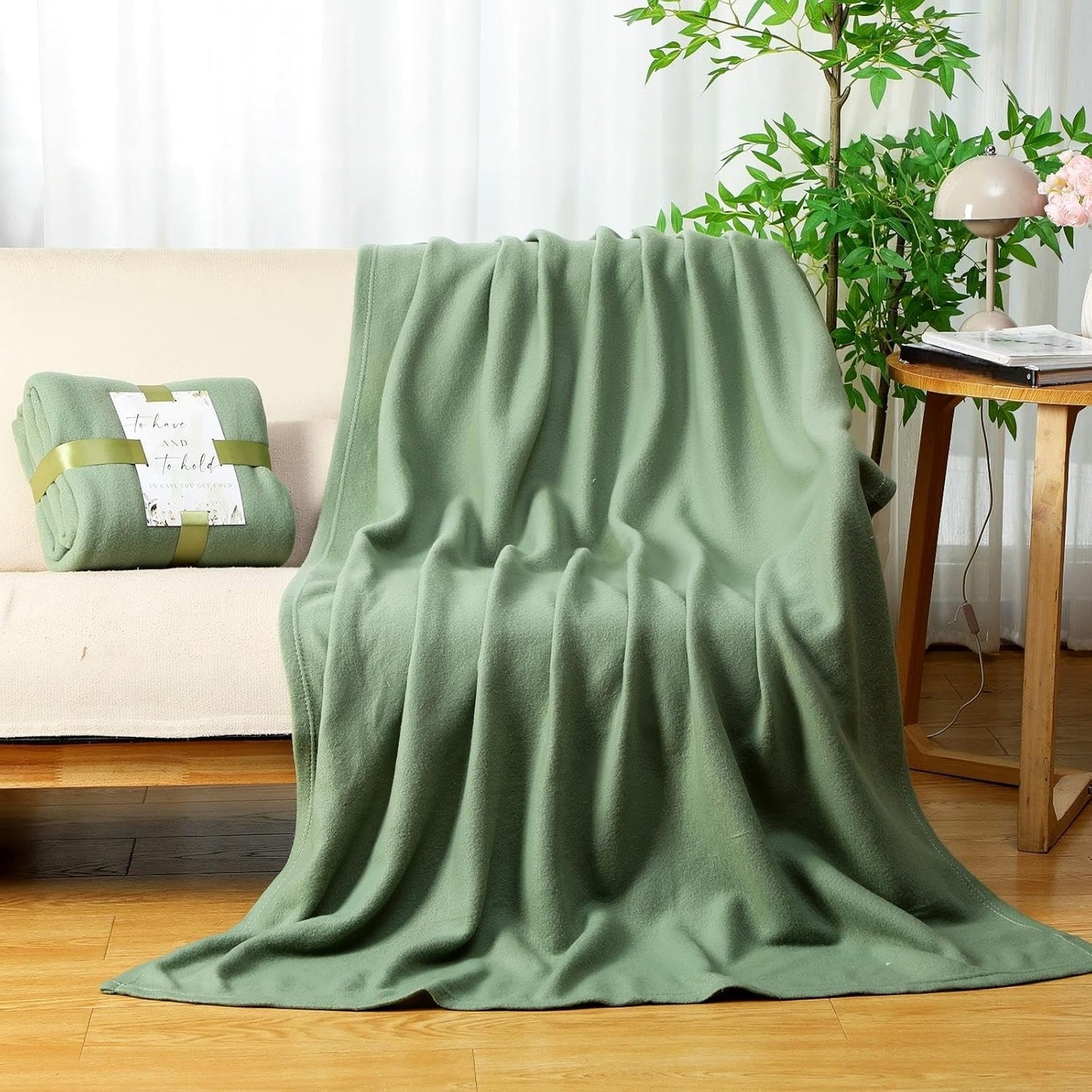 Buryeah 60 Pack Oeko-Tex Certified Wedding Flannel Throw Blanket Bulk 50 x 60 Inch Soft Fleece Lap Blanket with Thank You Cards Ribbon for Guests Sleepover Spa Slumber Gifts (Sage Green)
