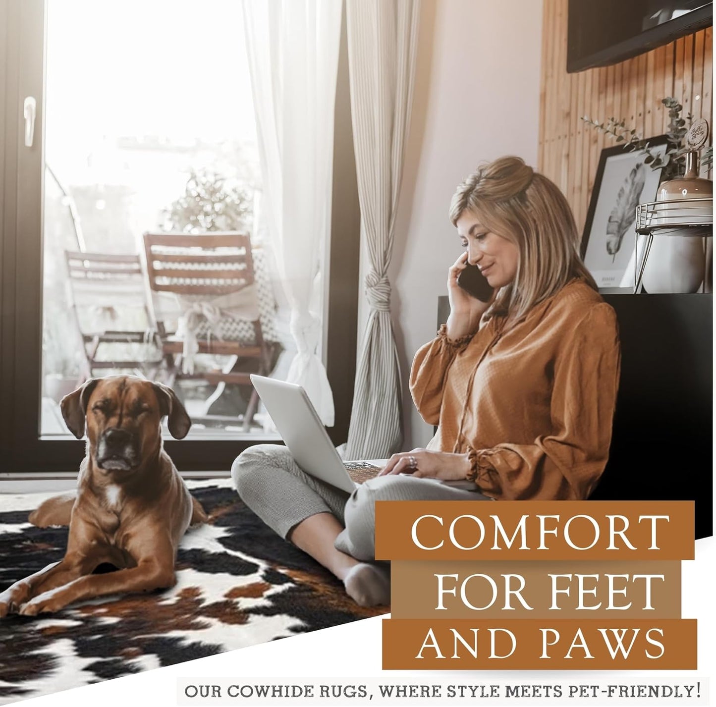 Sunshine Cowhides 100% Genuine TricoloreCowhide Rug - Modern Style Animal Skin Rug & Floor Carpet for Living Room, Bedroom, Kitchen & More - Large (6x6-7ft)