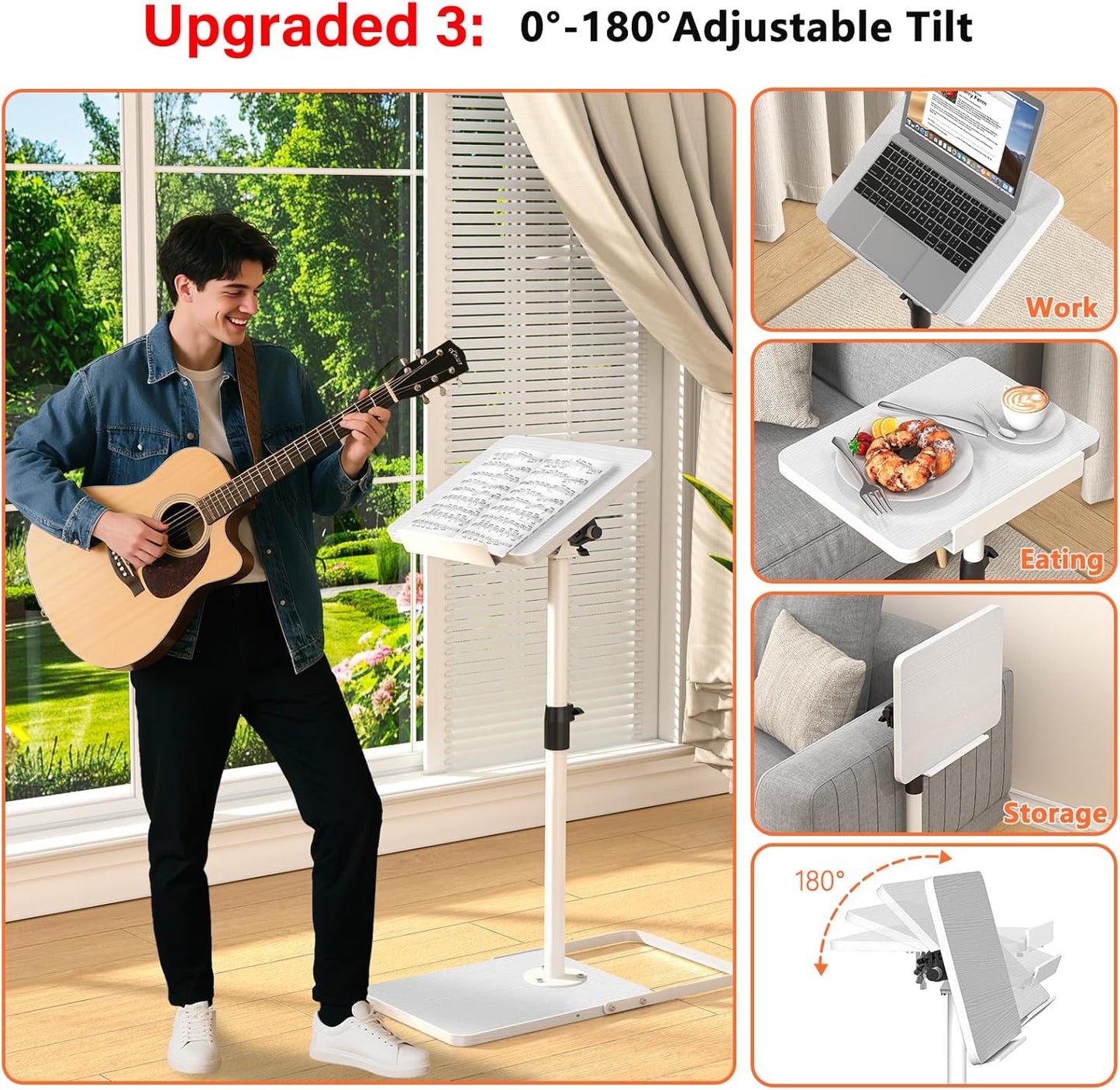 TV Tray Table for Couch, Height Adjustable/360° Swivel/180° Flip-Over Panel Design C-Shaped End Table, Sofa Arm End Side Table with Phone & Tablet Slot for Eating, Laptop,Couch Bed (White)