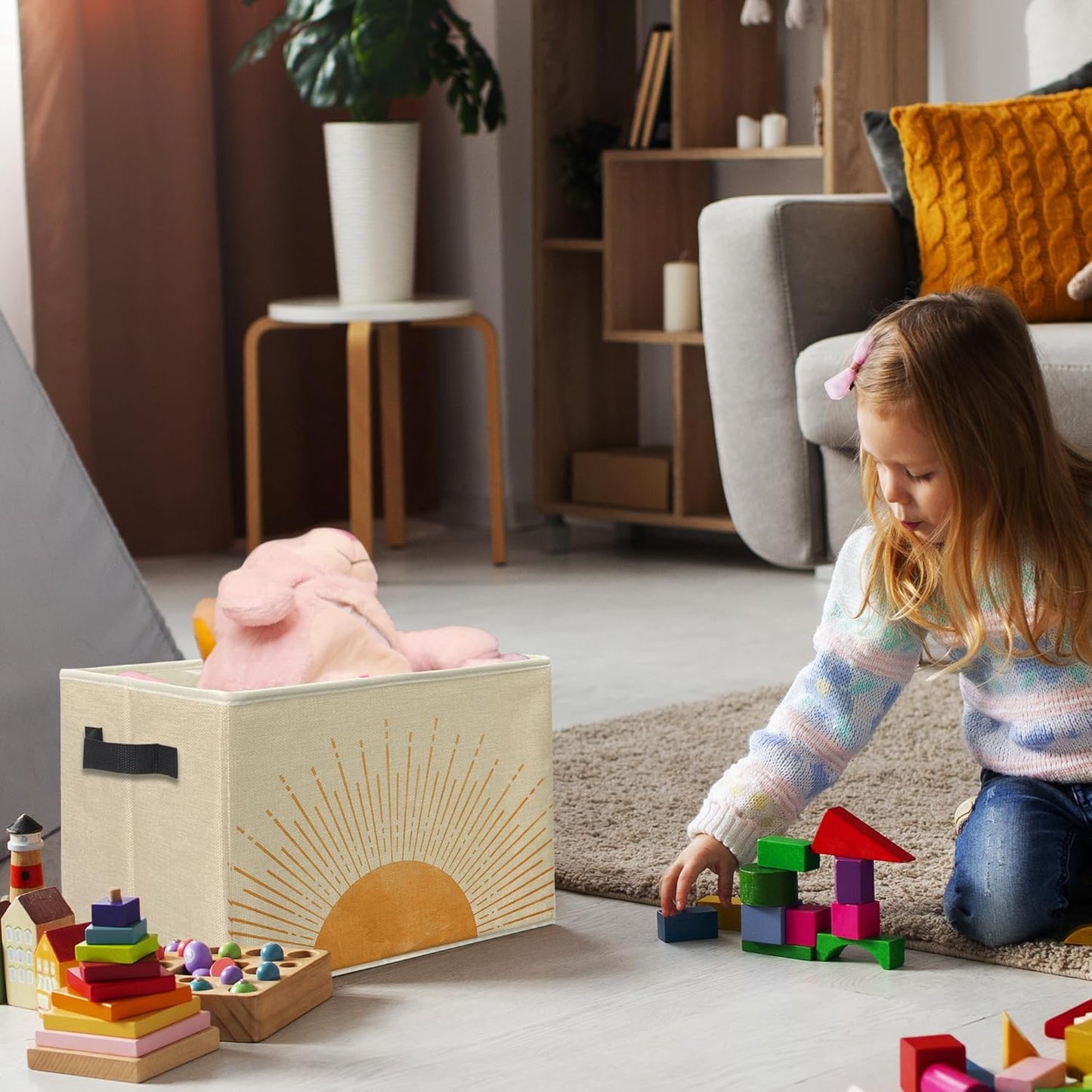 Knibeo Boho Sunshine Fabric Storage Bins for Shelves Closet, Abstract Mid Century Modern Boho Sun Sunrise Minimalist Collapsible Cube Baskets Organizer for Clothes Books Toys