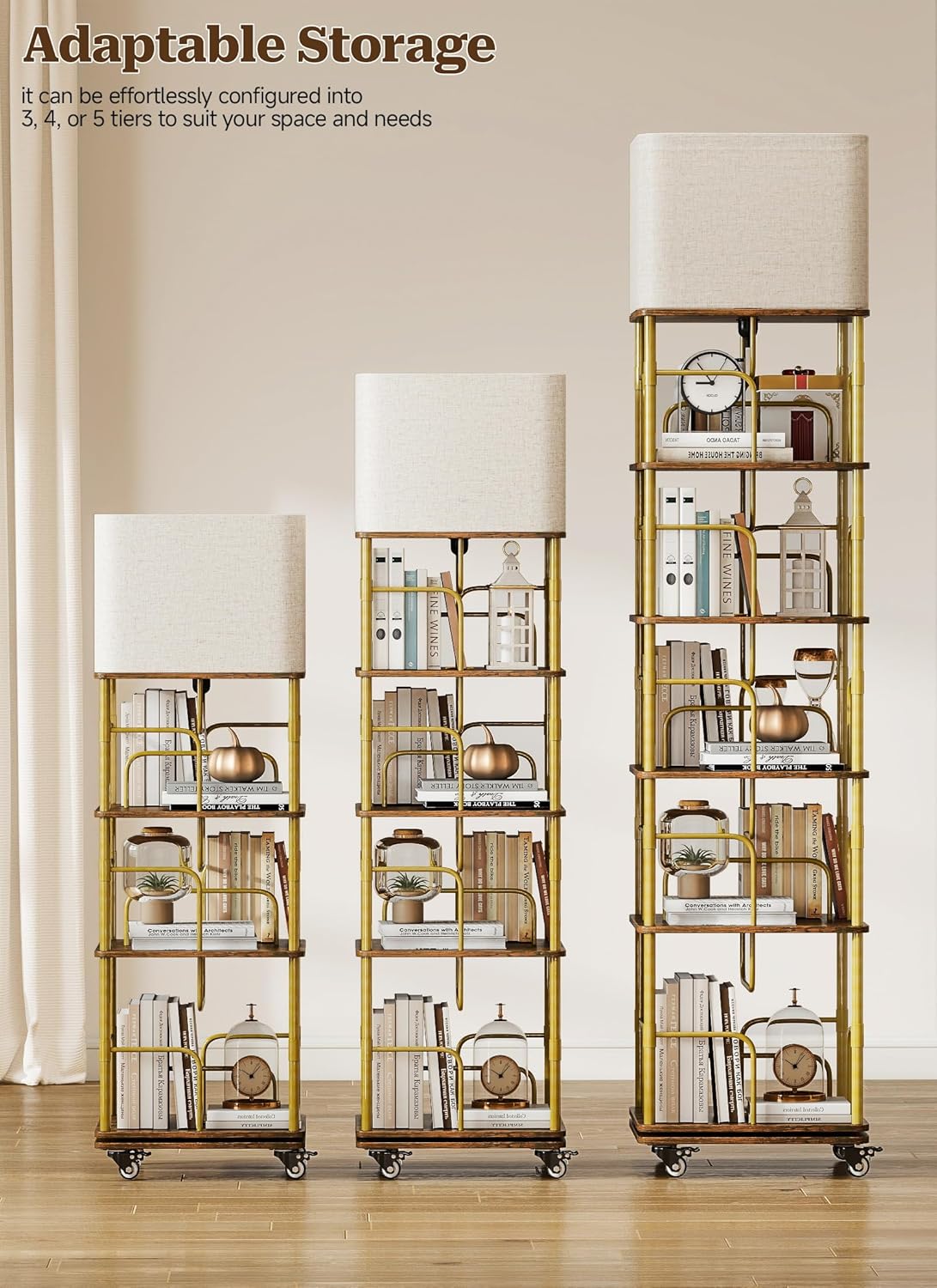 Rotating Bookshelf with Light, Wood Revolving Bookshelf Tower with Wheels, Small Floor Standing Book Organizer, 360 Display Corner for Small Space, 5-Tier
