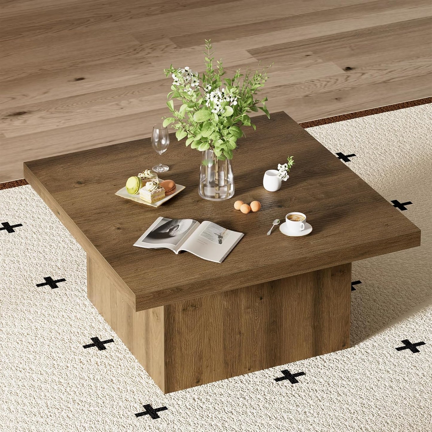 Square Coffee Table,Wooden Living Room Table,Center Table with a Large Tabletop,35.4" x 35.4",for Small Spaces, Apartments, Living Rooms, Vintage Brown