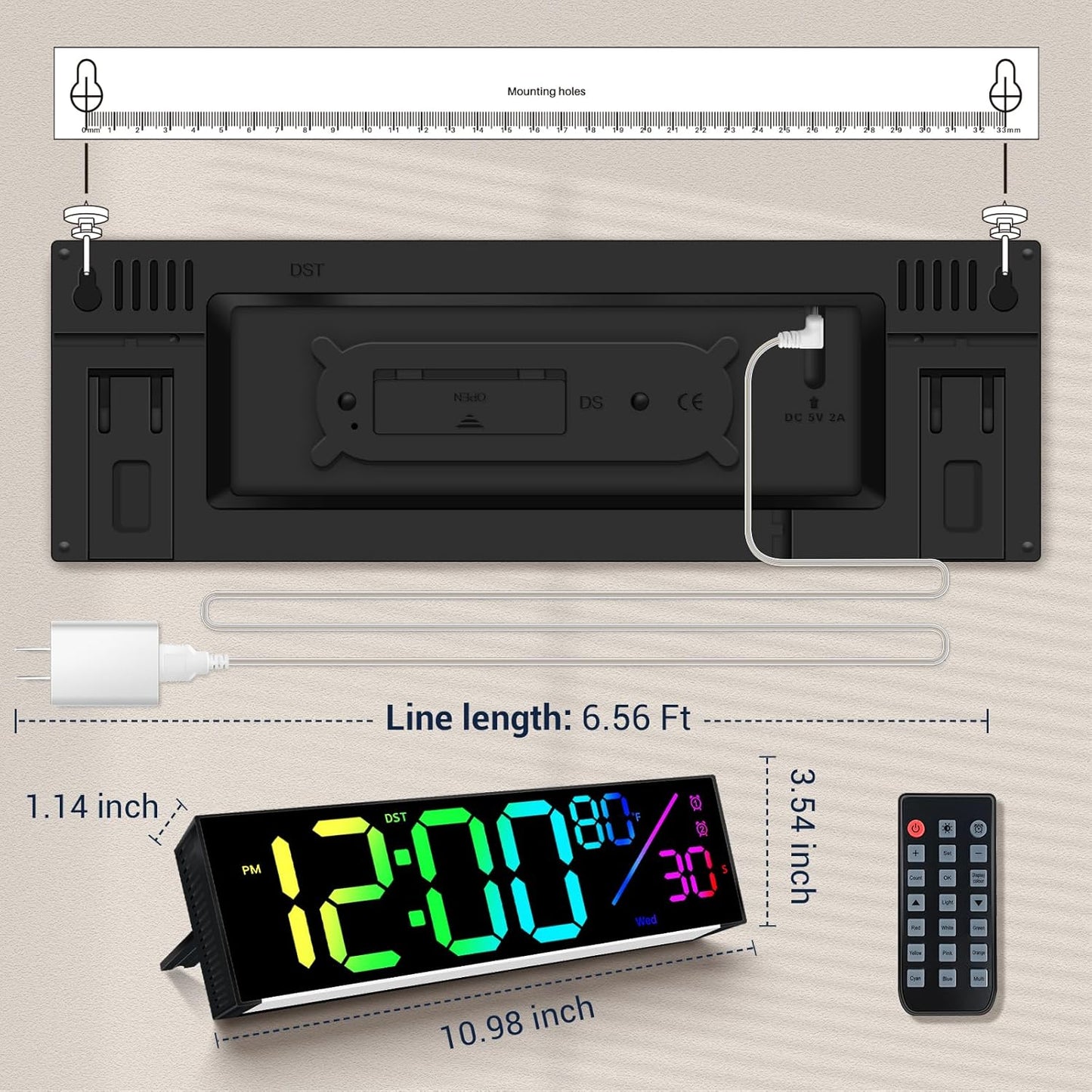 12" Digital Wall Clock: LED Large Display Clock with Remote, 11 RGB Color Modes, Wall Mount or Tabletop Decor for Classroom Dorm Office, Big Numbers for Seniors Kids