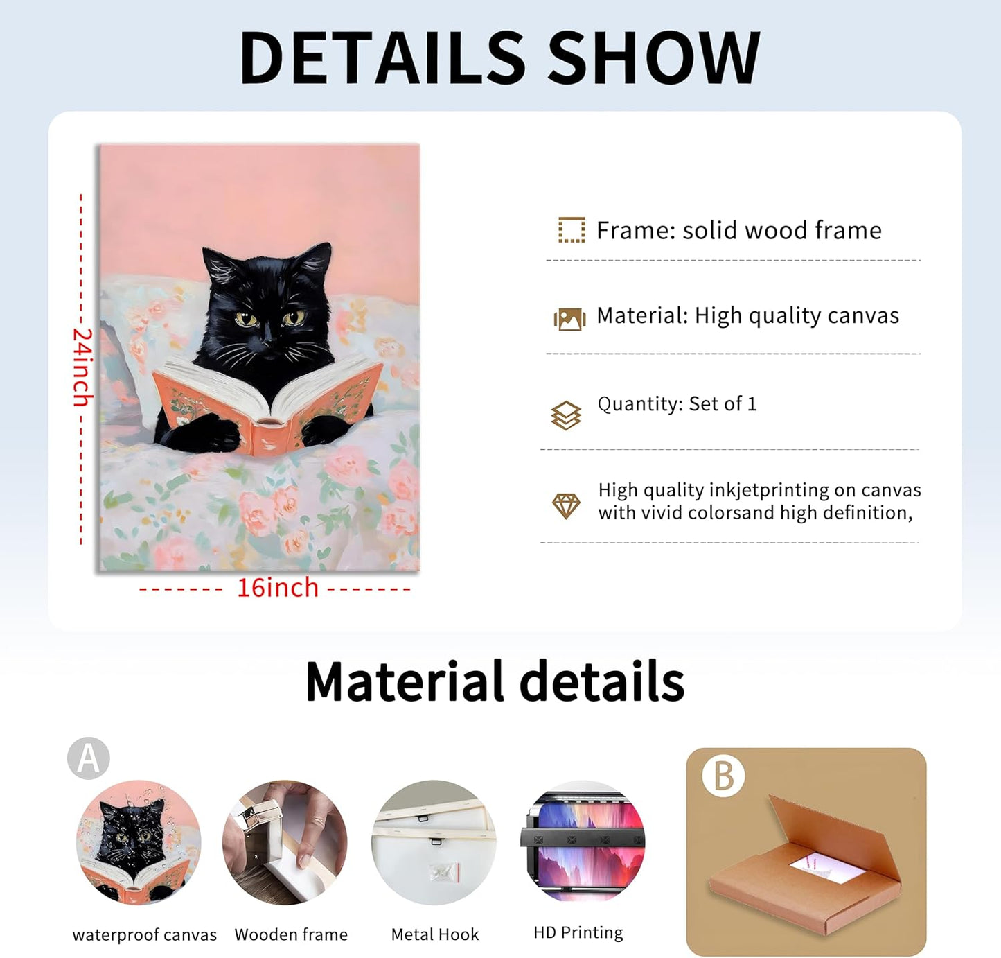 Framed Cats Canvas Wall Art, Funn Black Cat Reading Books Picture Wall Decor, Pink Vintage Animal Poster Prints for Girls Room Bedroom Kids Room Living Room Bathroom Decor 16x24 inch