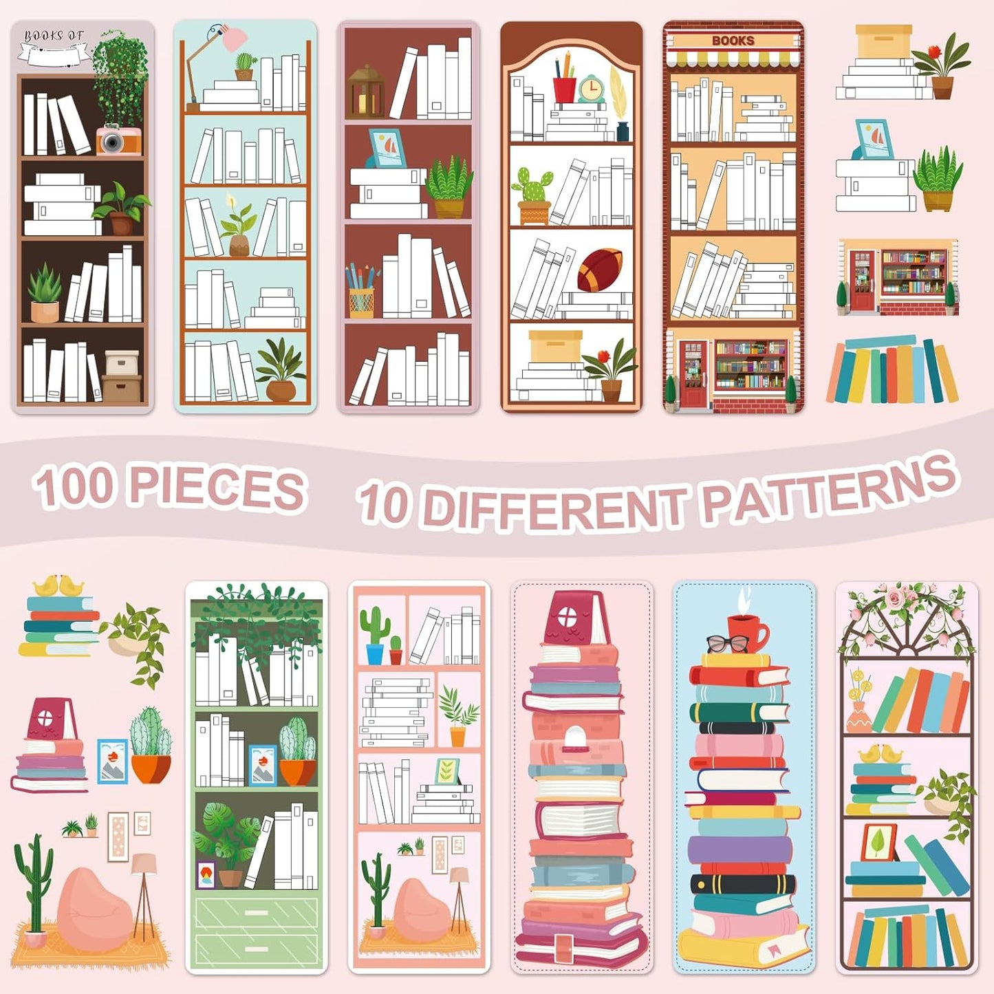 100 Pieces Book Tracker Bookmarks Bookshelf Design Double-Sided Reading Page Markers Bookmarks for Book Lovers Cute Book Marks for Reading Women Students School Supplies Gifts