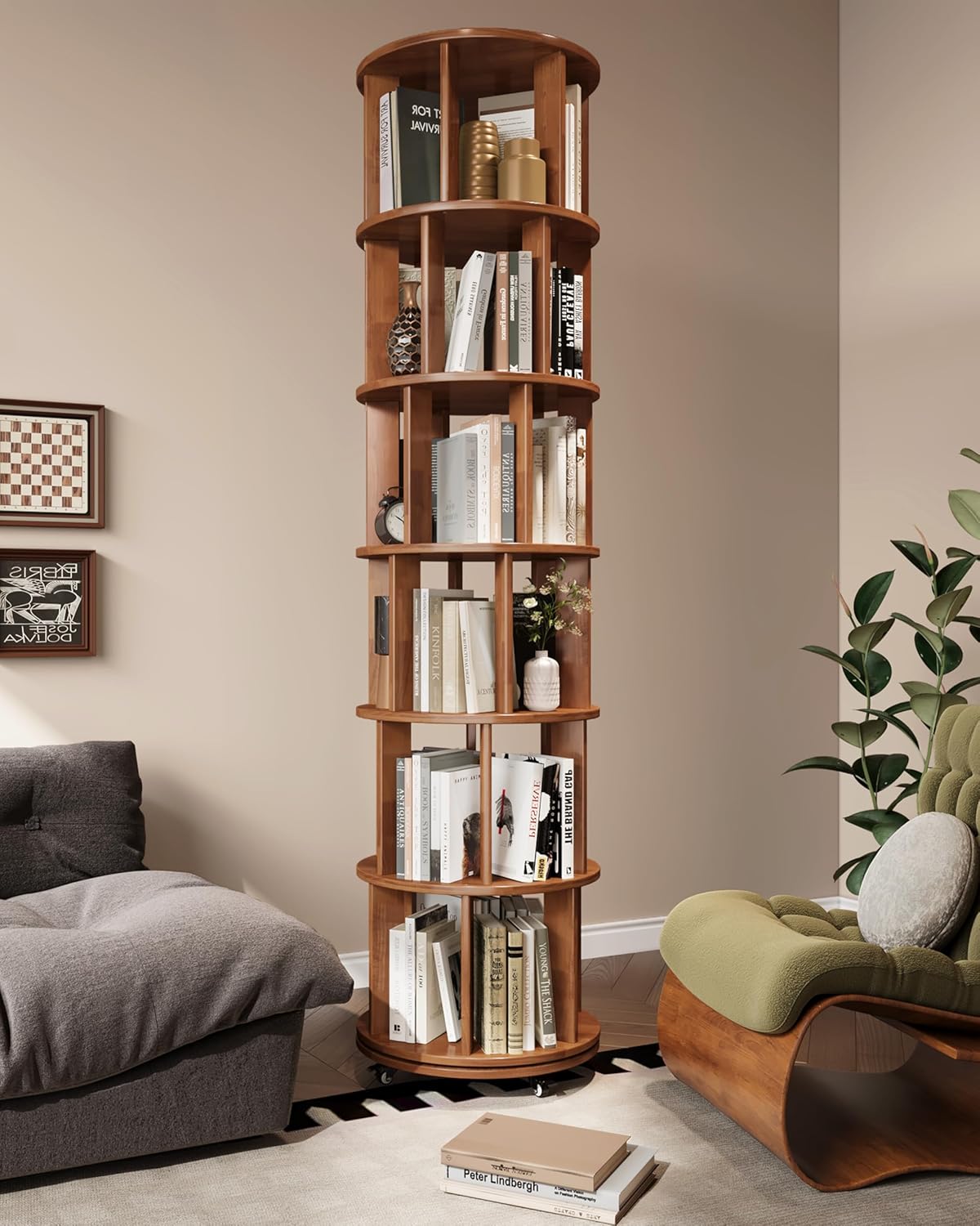 Rotating Bookshelf, 6-Tier Solid Wood Revolving Bookcase on Wheels, 360° Spinning Bookshelf Tower with Lockable Casters, Tall Round Book Tower for Home Office, Living Room, Bedroom, Walnut