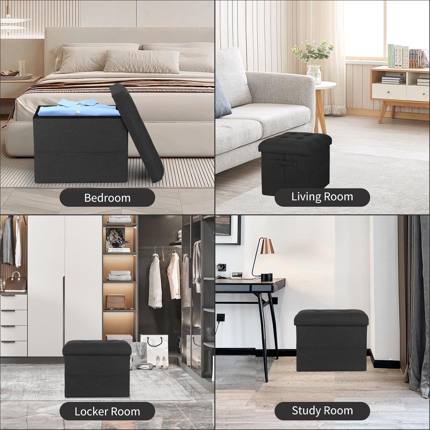 Storage Ottoman Foot Rest with Thicker Foam Padded Seat. Small Bench with Storage. 350 lbs Linen Folding Footstool Bench for Living Room, Bedroom, Home Office. 17x13x13in, Gray Black